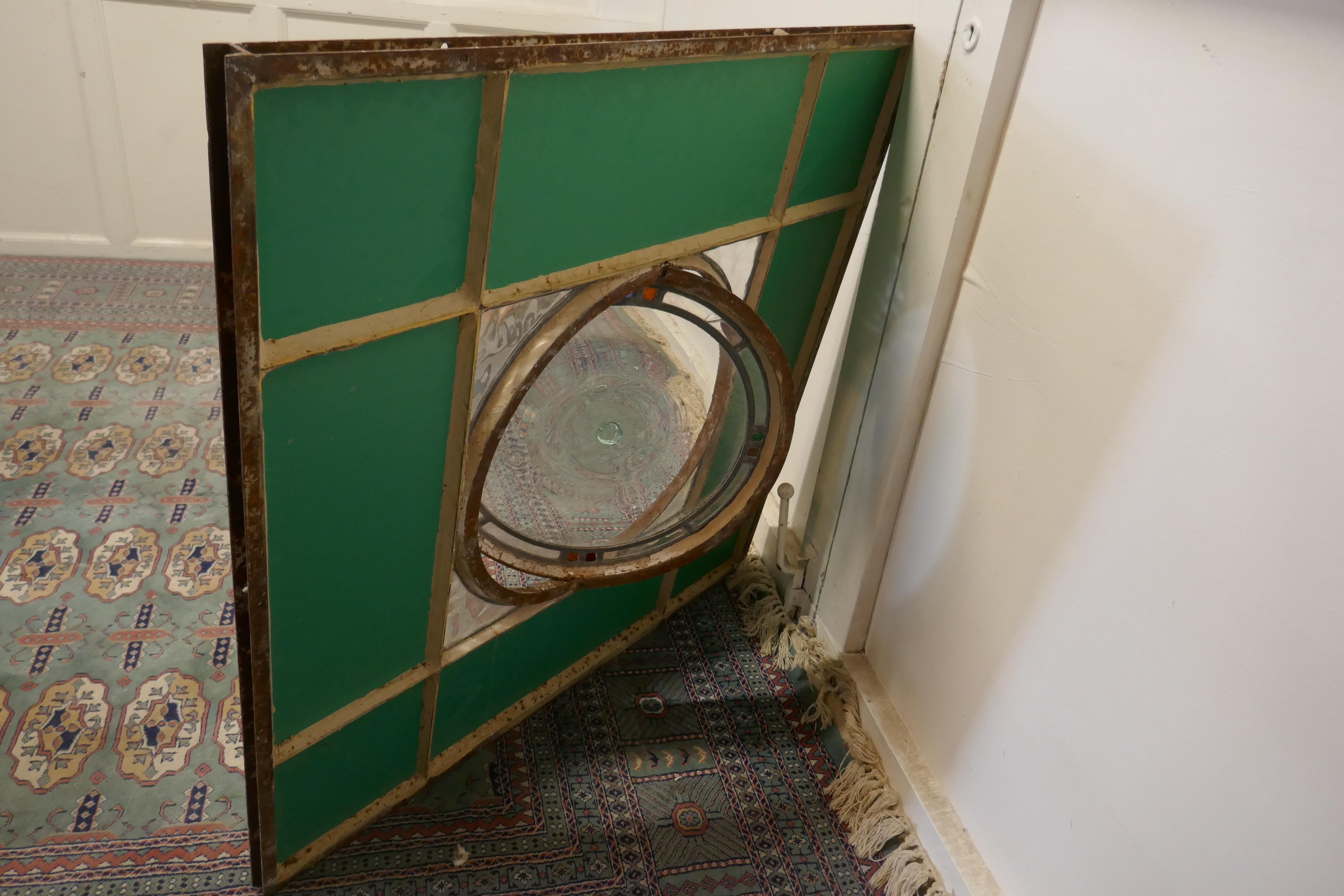 Industrial Square Window Mirror with Central Leaded Bottle Glass Opening For Sale 4