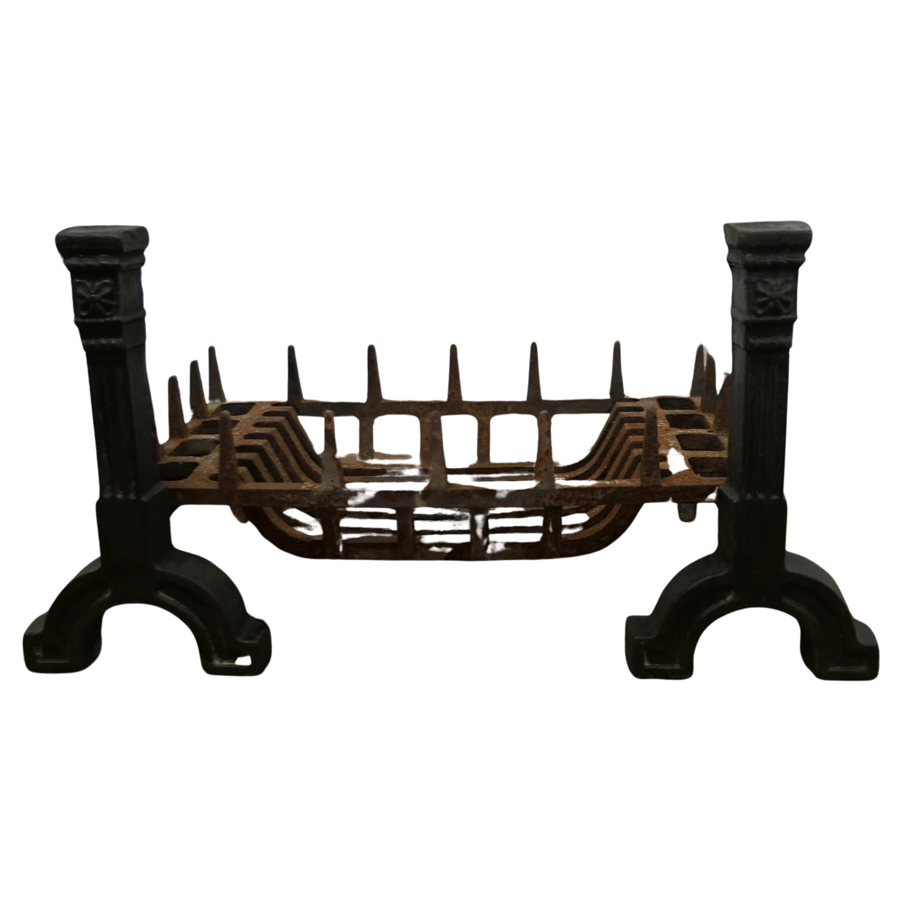 Large 19th Century Inglenook Fire Grate on Andirons For Sale