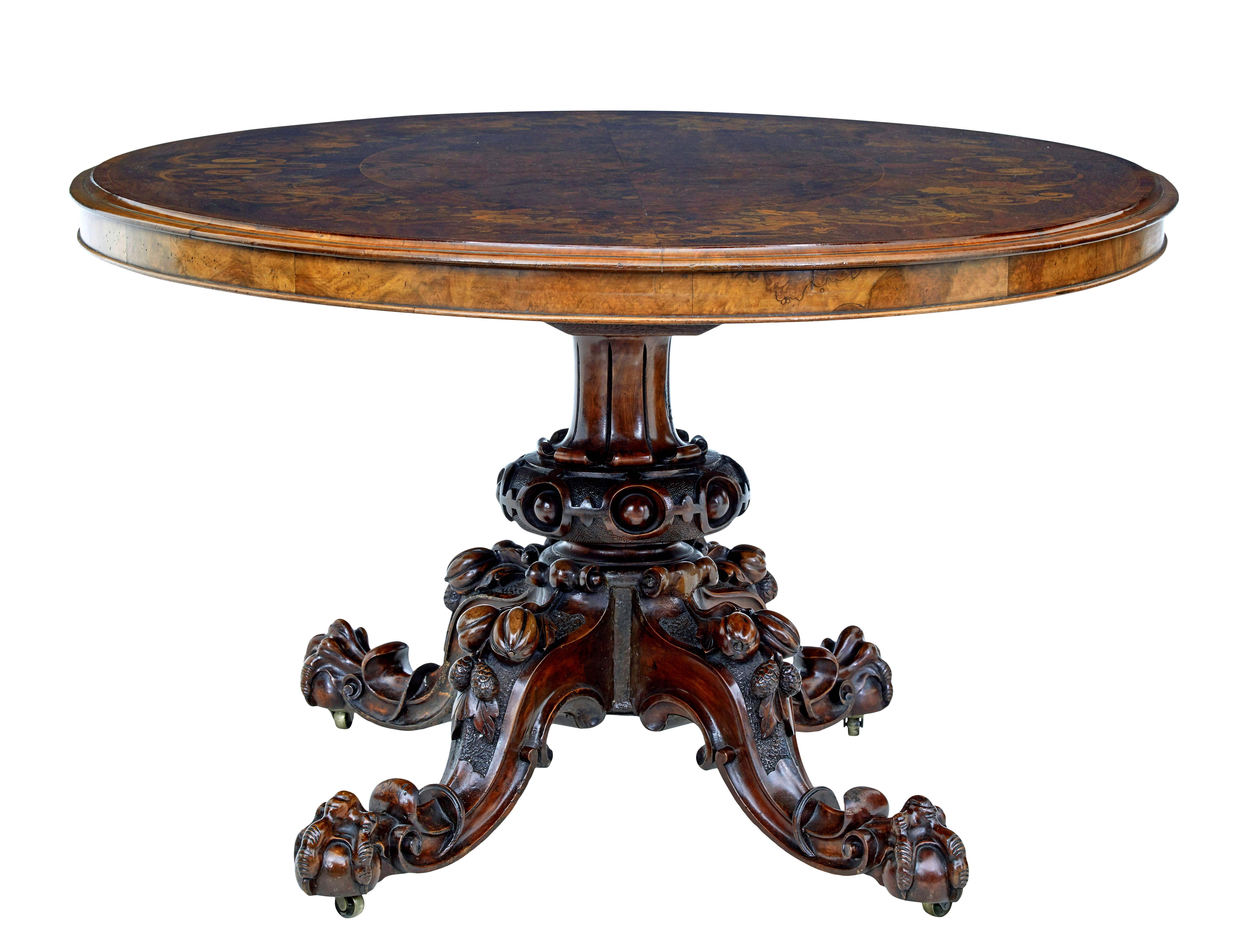 19th century inlaid walnut tilt top table circa 1860

Fine quality oval tilt top occasional table, often known as a loo table due to a popular card game starting in the 18th century.  This table is of slightly more grander scale.

Burr walnut top,