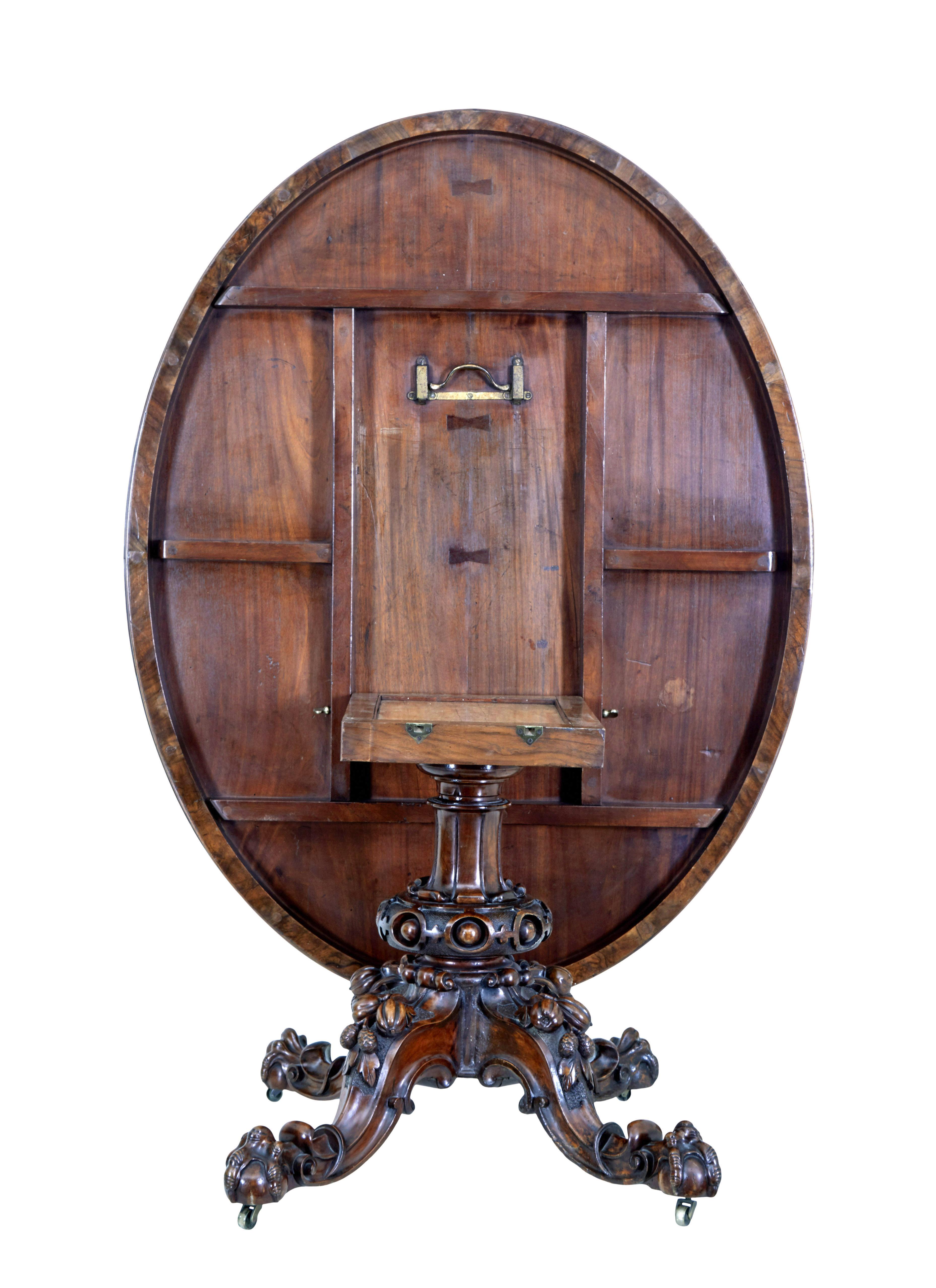English Large 19th century inlaid walnut tilt top table For Sale
