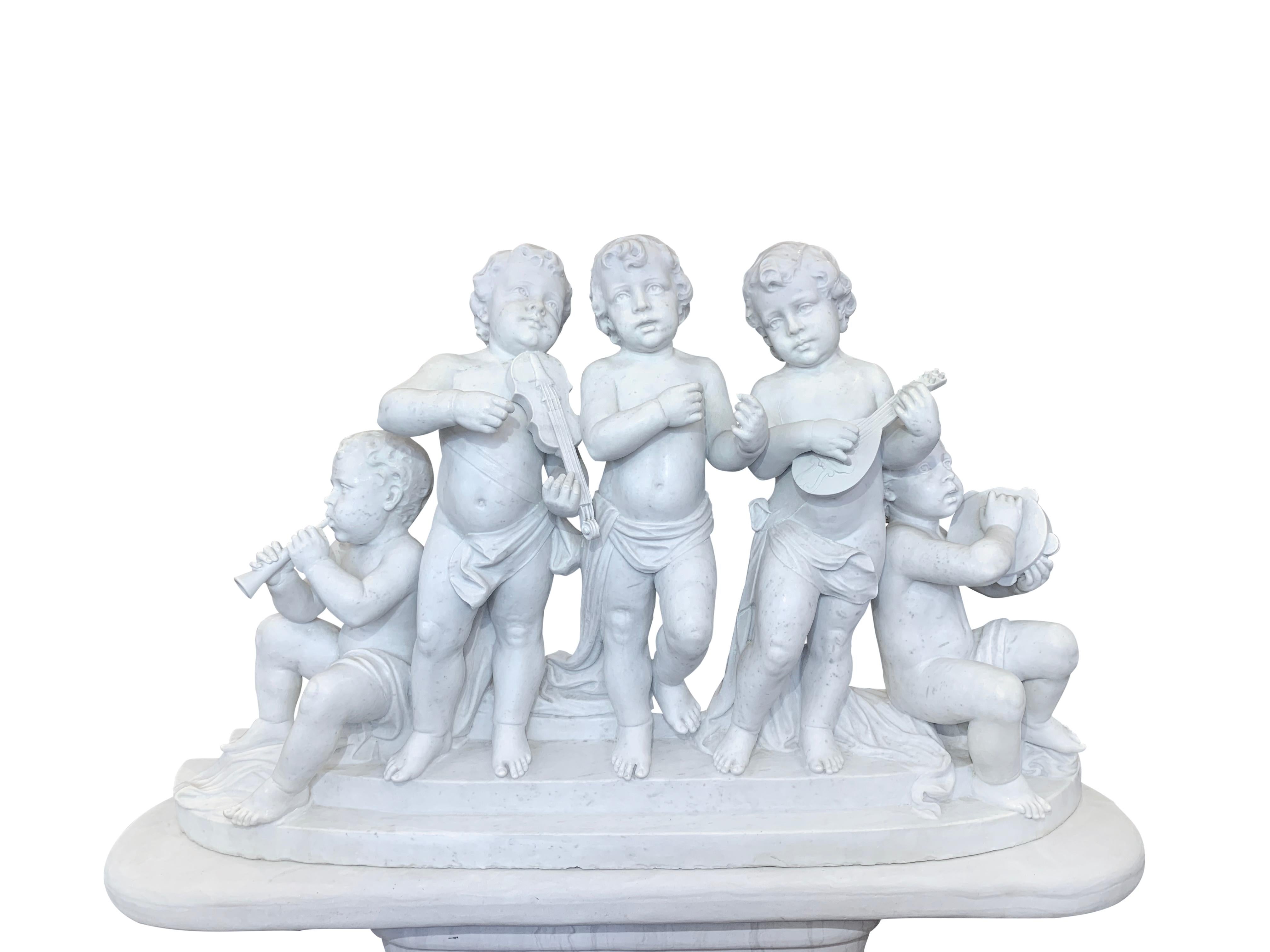 Large 19th Century Italian Carved Marble Group Depicting Musicians  on stand In Excellent Condition In Los Angeles, CA