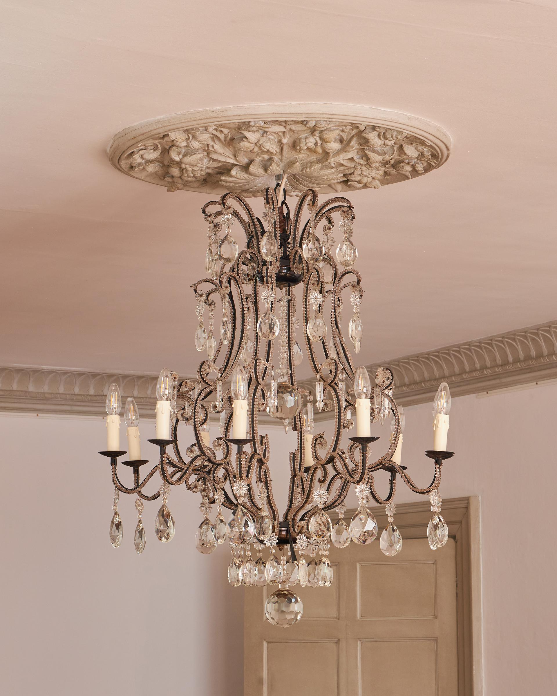 Large 19th Century Italian Chandelier fine crystal and iron ten light chandelier For Sale 1