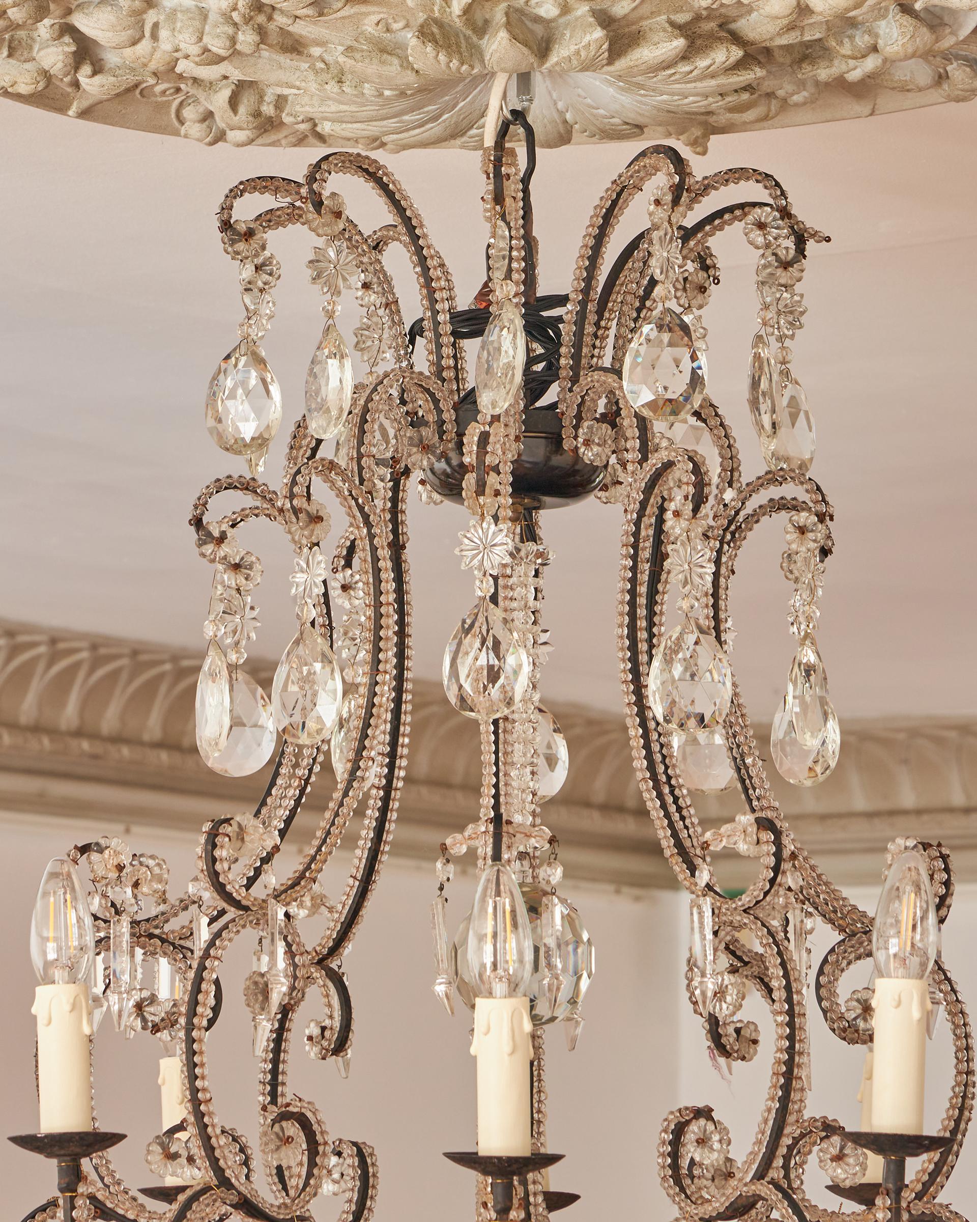 Large 19th Century Italian Chandelier fine crystal and iron ten light chandelier For Sale 3