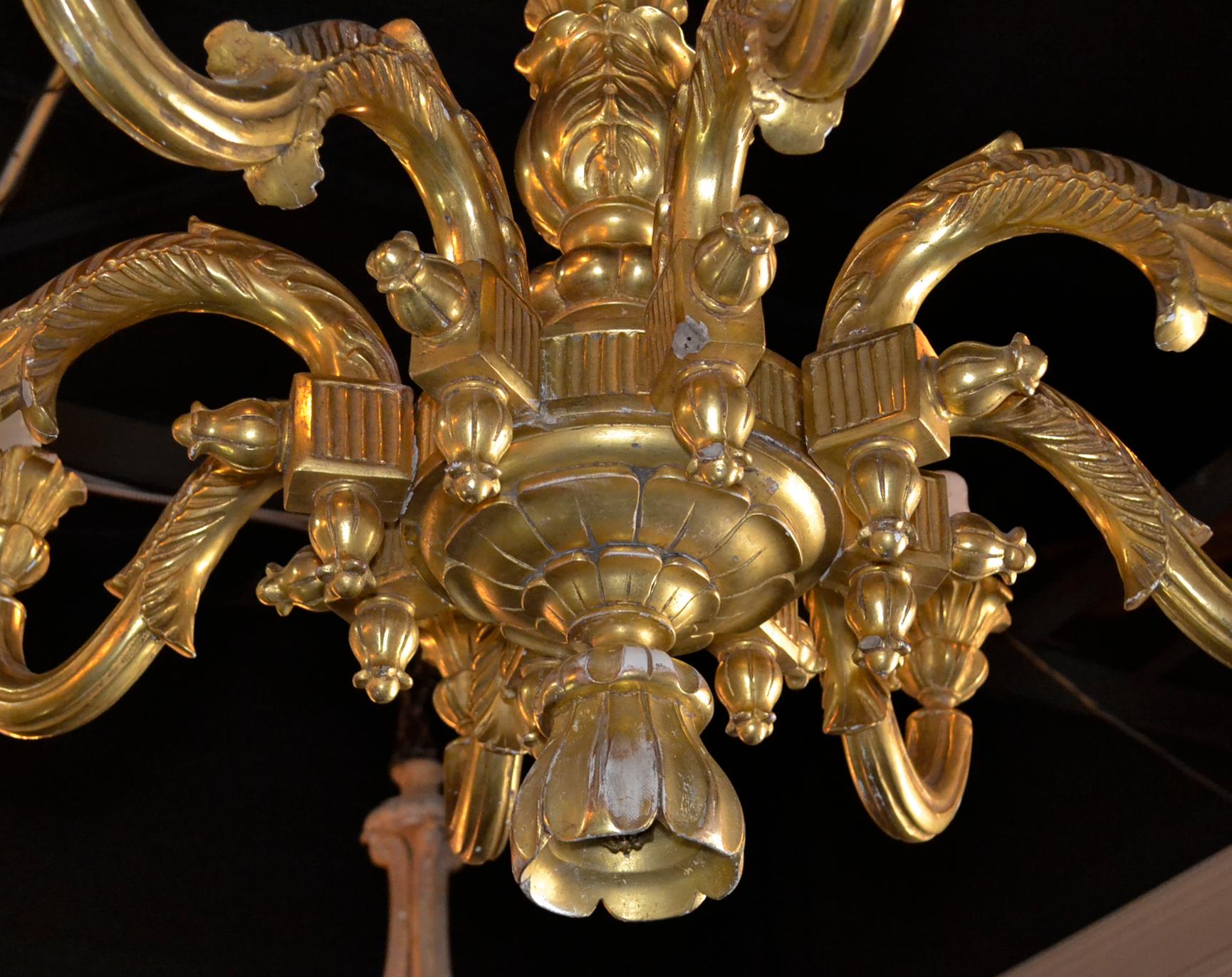 Stunning, large 19th century Italian carved and water gilt 8-light chandelier.