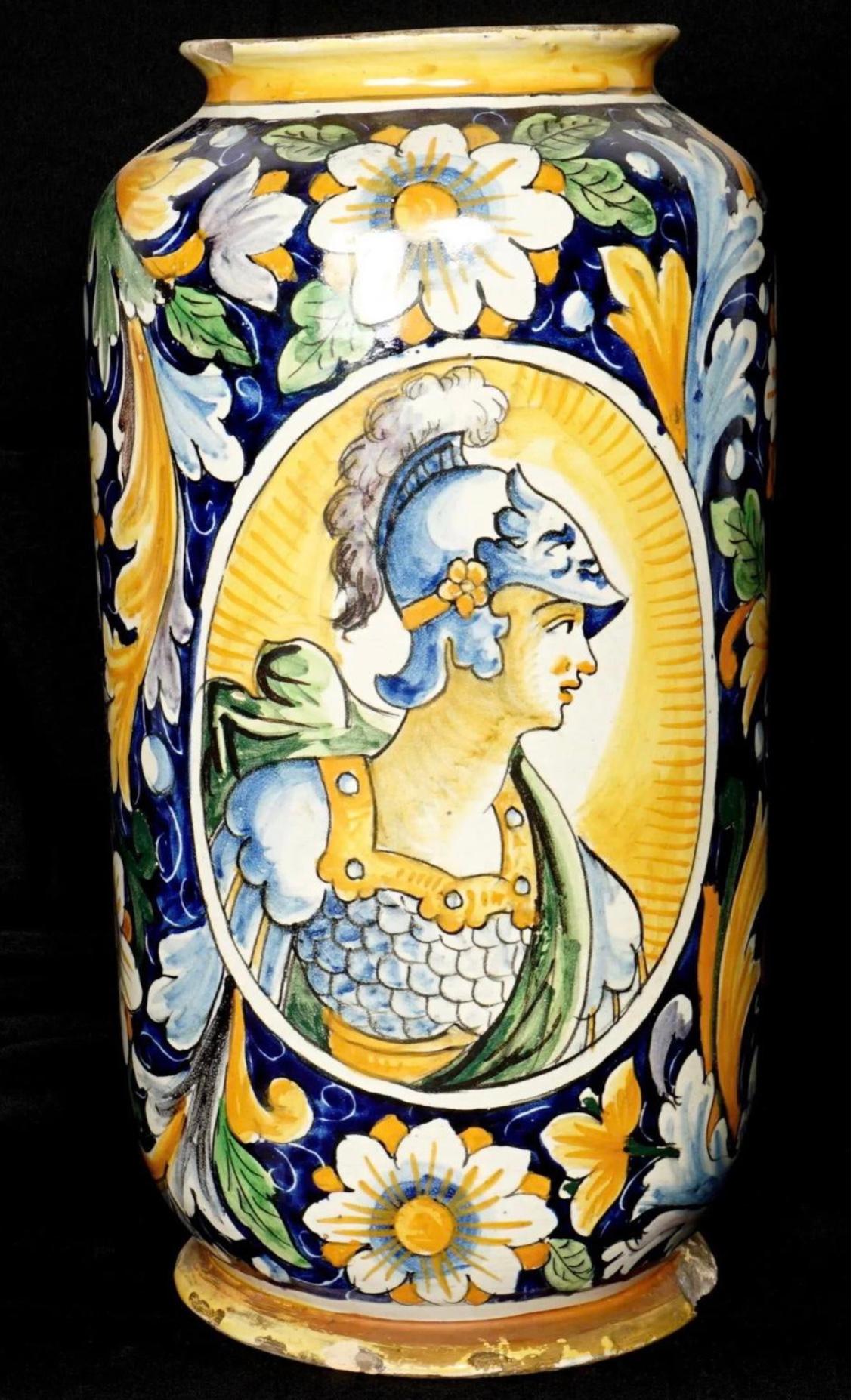 Renaissance Large 19th Century Italian Majolica Cylinder Vase For Sale