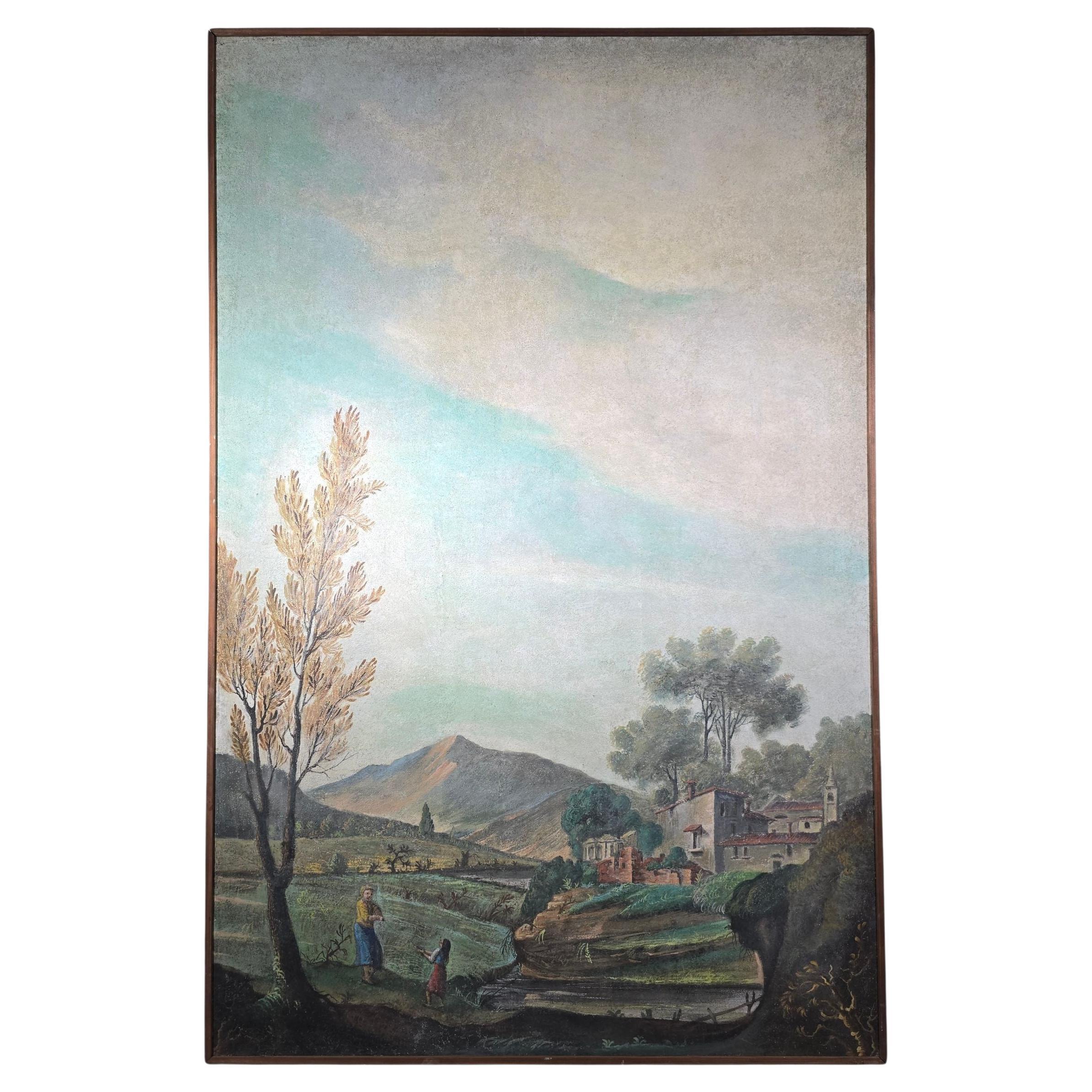 Großes italienisches Öl auf Leinwand aus dem 19. Jahrhundert - Pastorale Szene