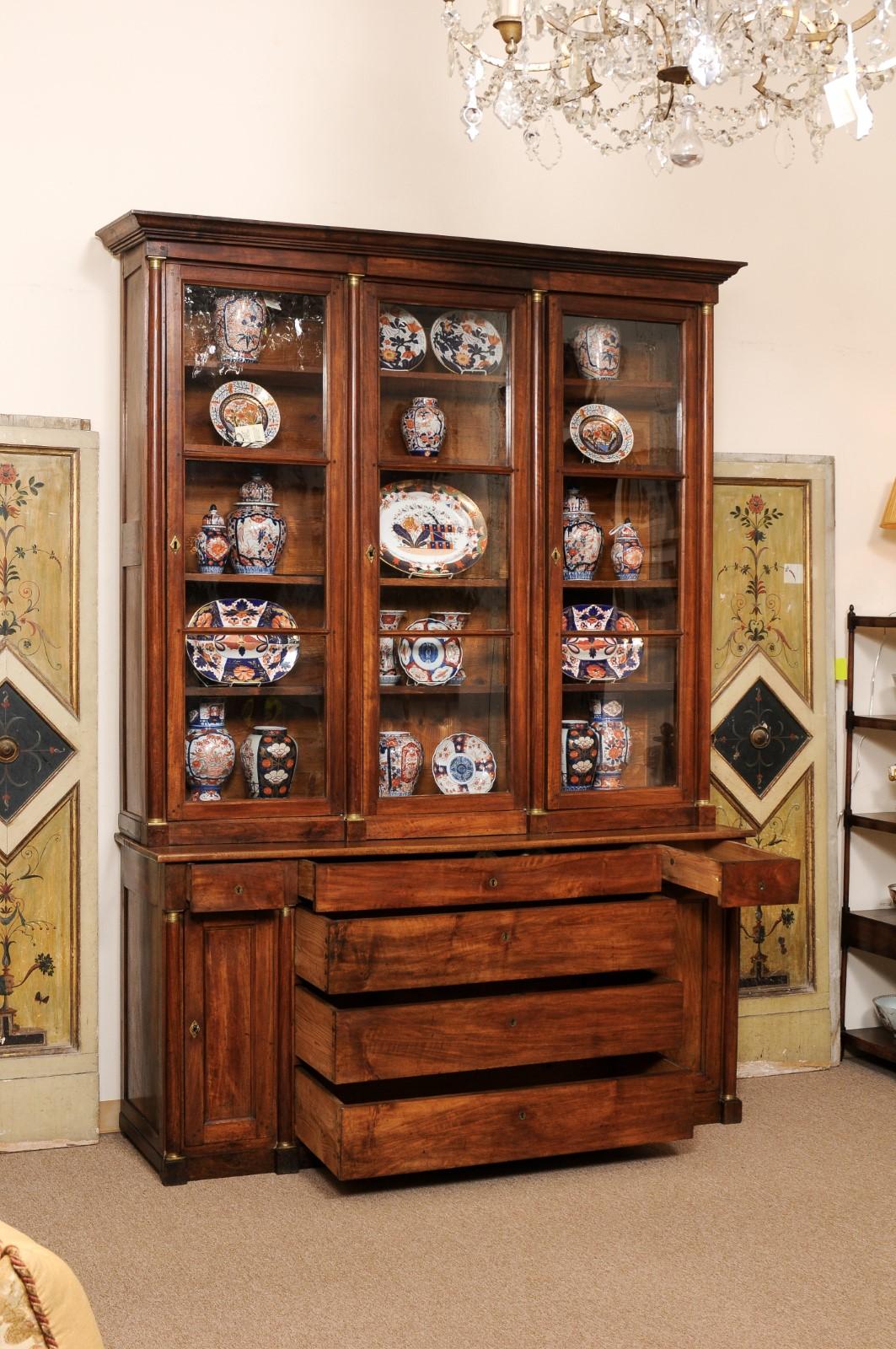 Large 19th Century Italian Walnut Bookcase with Glazed Doors and Center Drawers For Sale 8