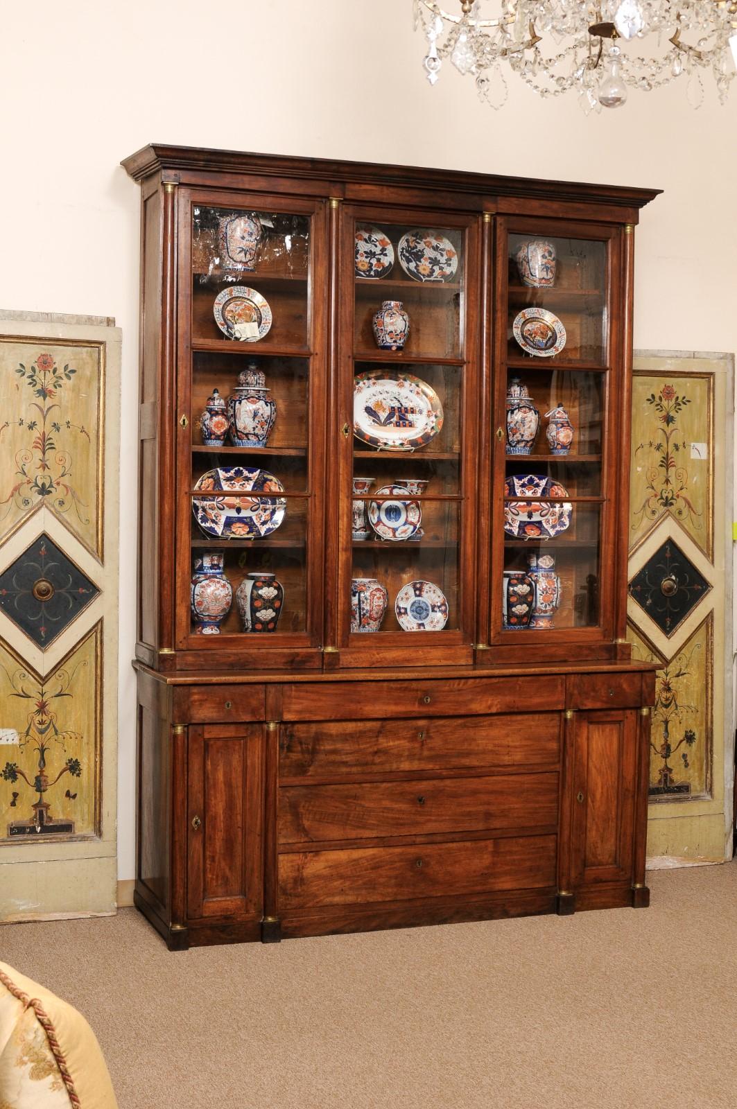 Large 19th Century Italian Walnut Bookcase with Glazed Doors and Center Drawers For Sale 10
