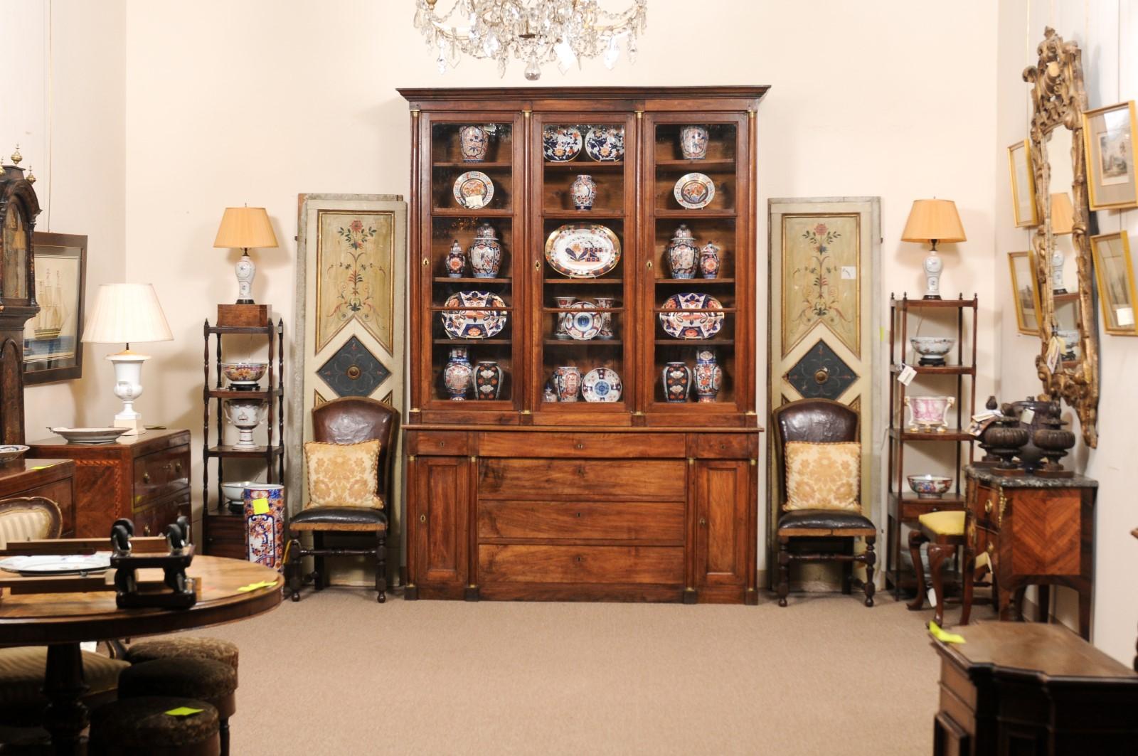 Large 19th Century Italian Walnut Bookcase with Glazed Doors and Center Drawers For Sale 2