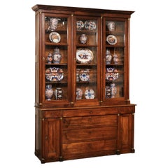 Antique Large 19th Century Italian Walnut Bookcase with Glazed Doors and Center Drawers