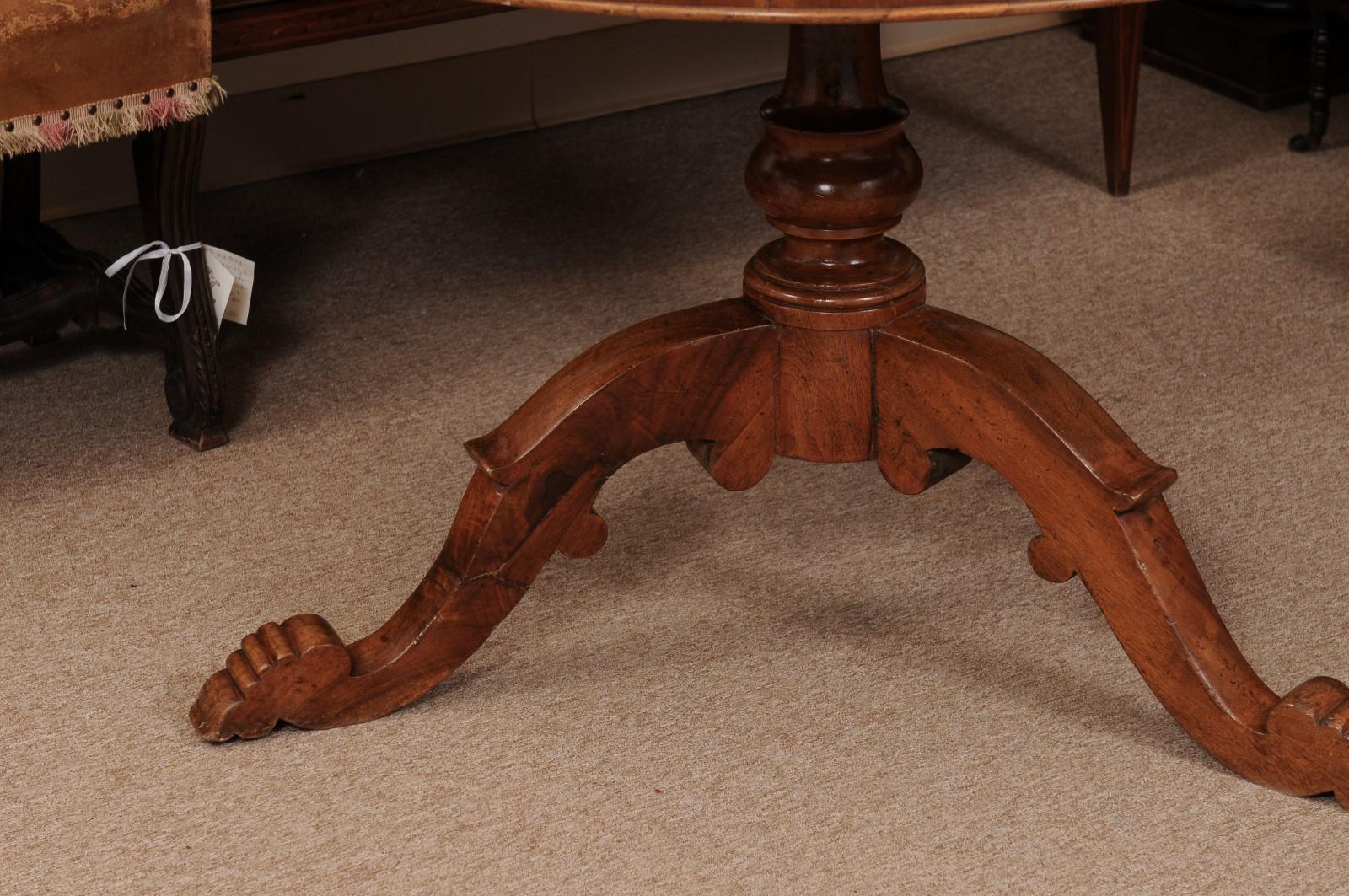 Large 19th Century Italian Walnut Center Table with Tripod Pedestal Base 9