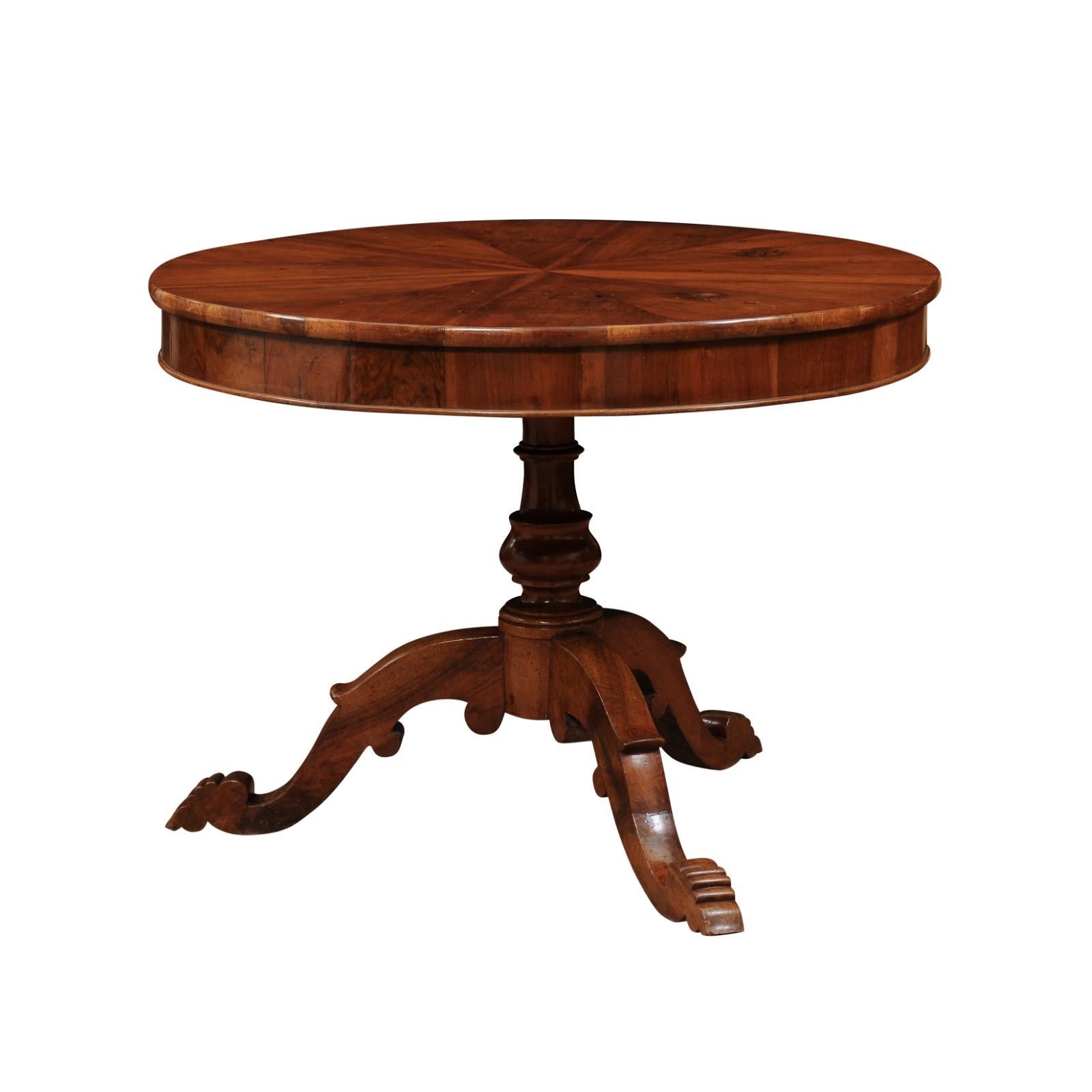 Large 19th Century Italian Walnut Center Table with Tripod Pedestal Base In Good Condition In Atlanta, GA