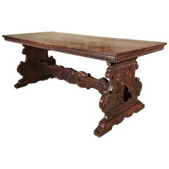 Large 19th Century Italian Walnut Table with Carved Trestle Base and 3 Plank Top