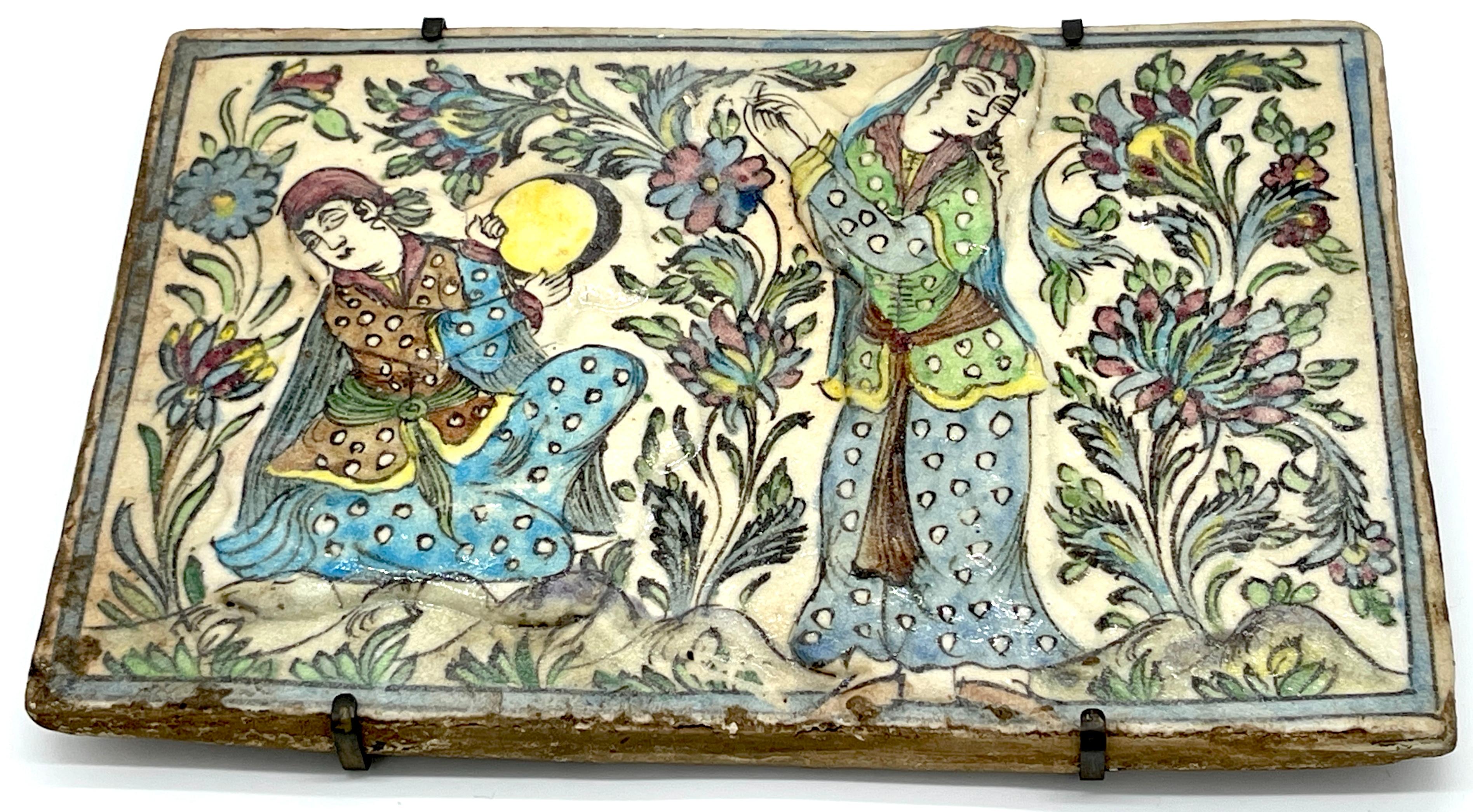 Asian Large 19th Century Iznik Pottery Pictorial Tile 'Maidens in Garden' For Sale