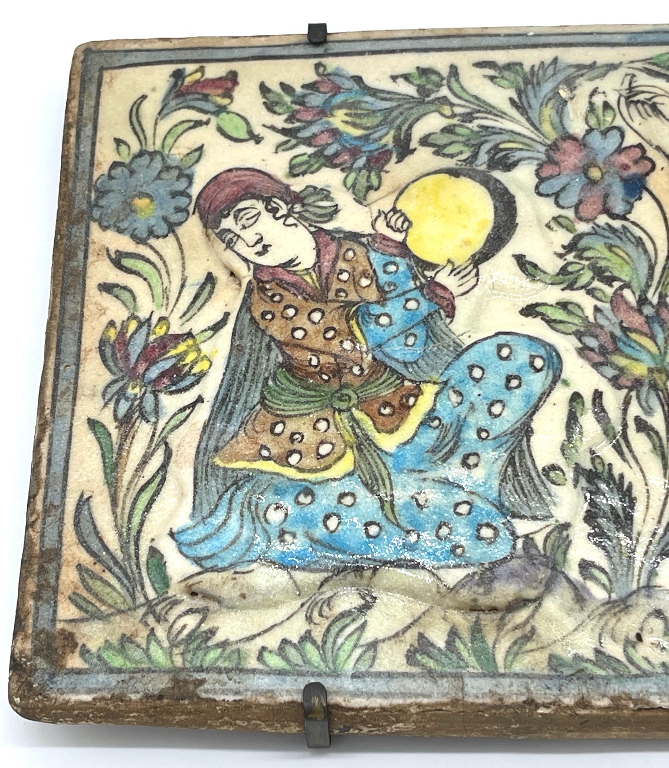 Enameled Large 19th Century Iznik Pottery Pictorial Tile 'Maidens in Garden' For Sale