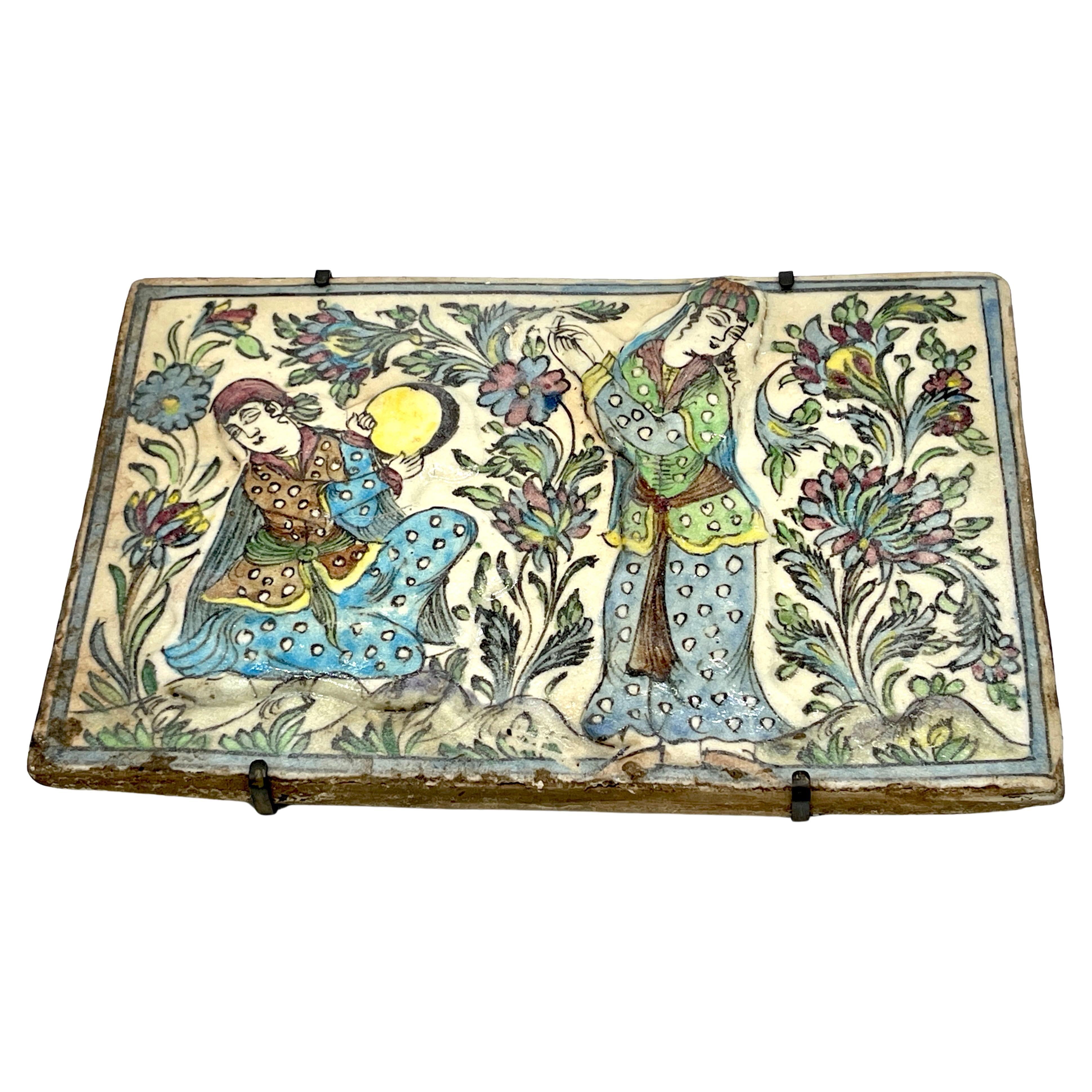 Large 19th Century Iznik Pottery Pictorial Tile 'Maidens in Garden' For Sale