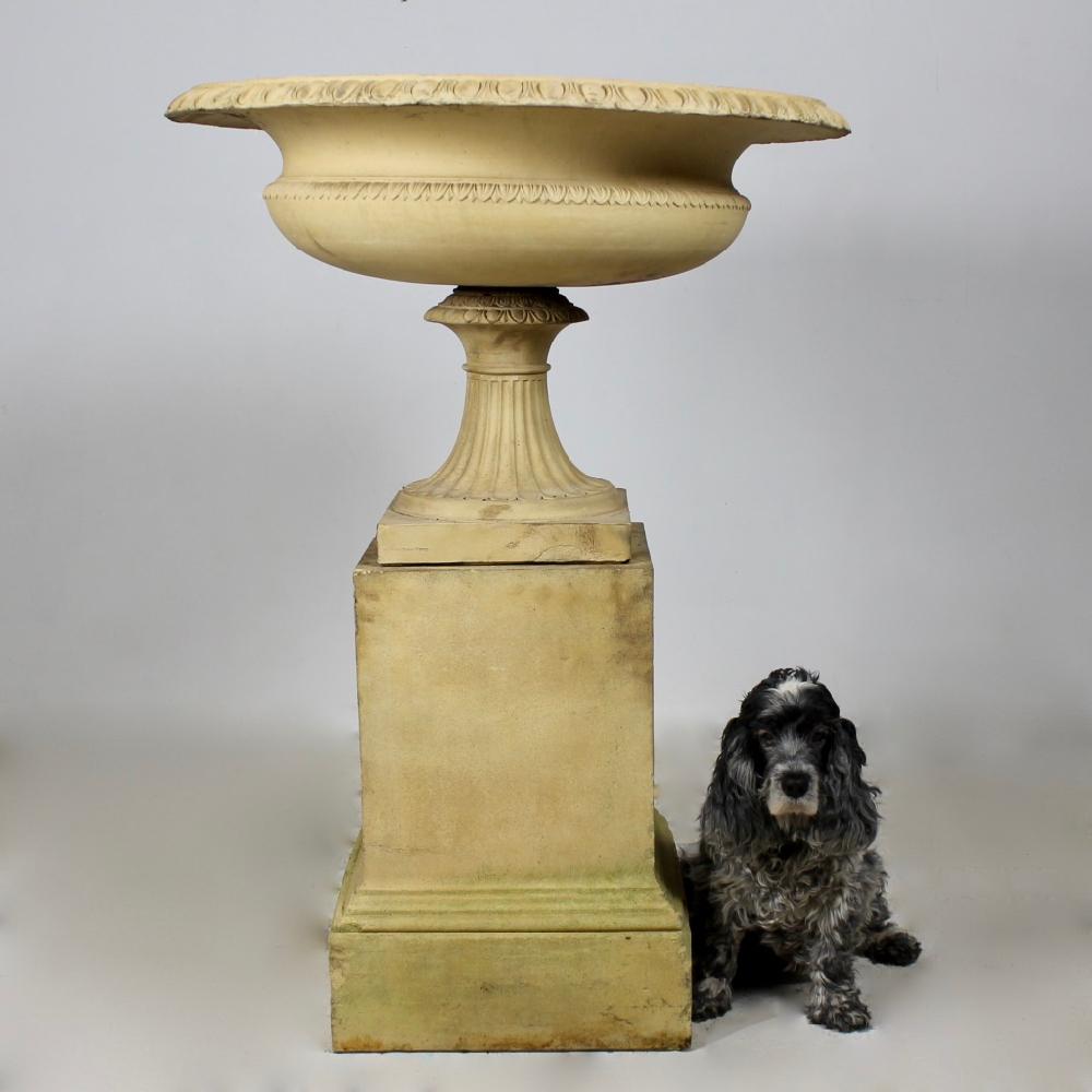 A beautiful, large, 19th century J M Blashfield tazza on its original pedestal. In good condition, crisply cast, all the three elements stamped.
This model appears in the J M Blashfield catalogue of 1857 ' A selection of vases, statues, busts &c