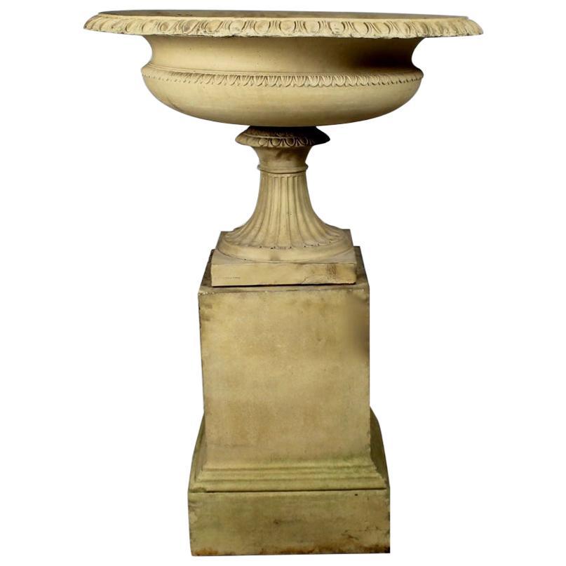 Large 19th Century J M Blashfield Buff Terracotta Garden Tazza Urn on Pedestal