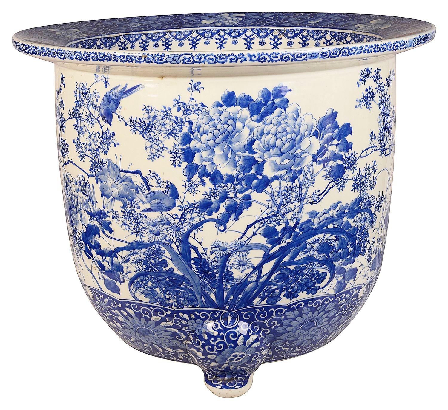 Hand-Painted Large 19th Century Japanese Blue and White Jardiniere.