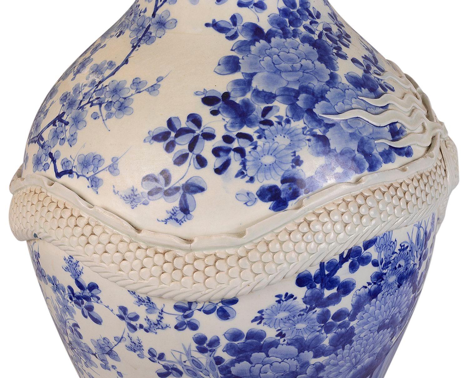 Porcelain Large 19th Century Japanese Blue and White Vase For Sale