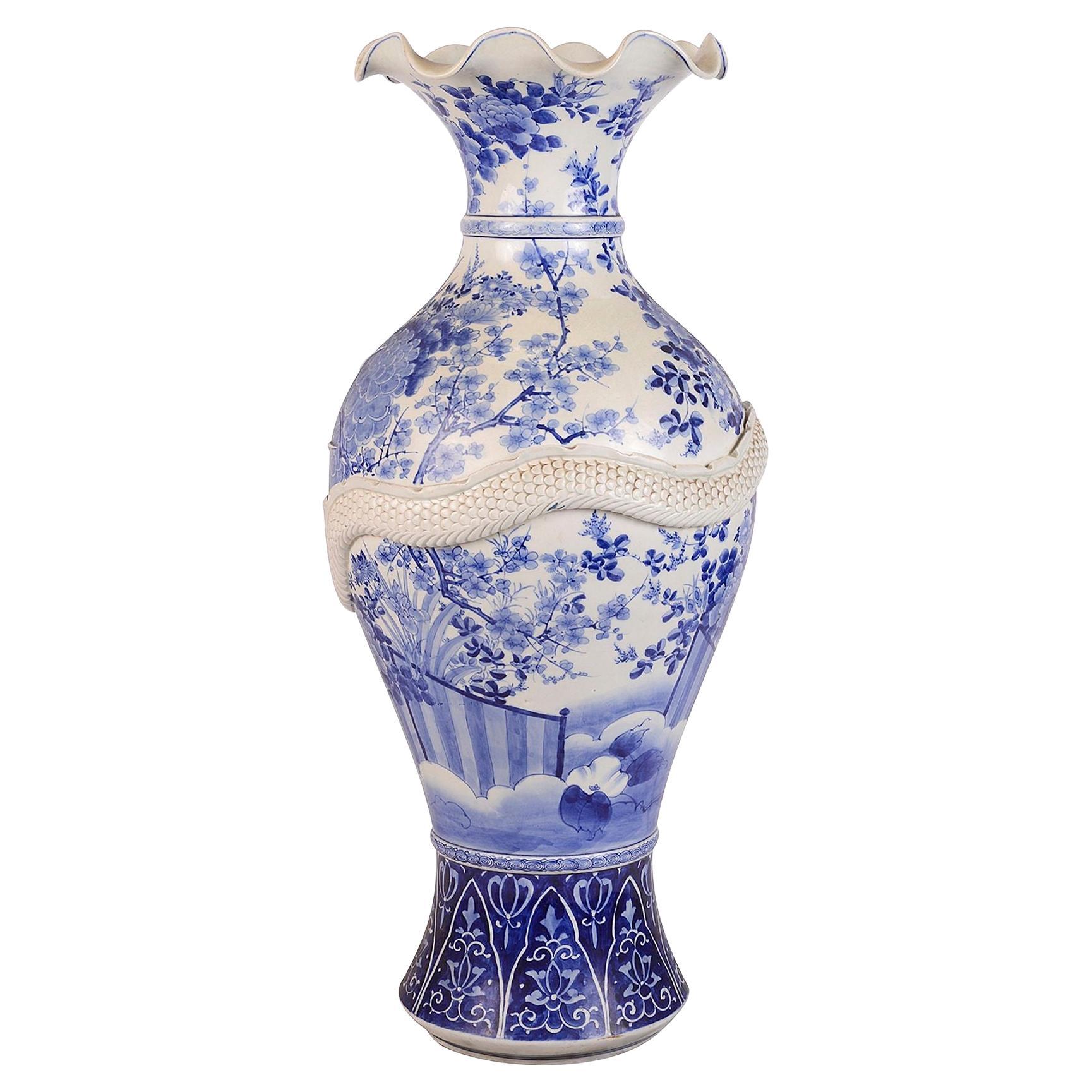 Large 19th Century Japanese Blue and White Vase For Sale