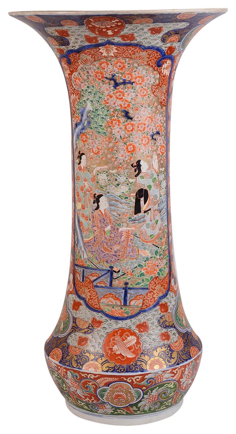 A very impressive fine quality late 19th Century Japanese Imari spill vase, having bold colouring to the motif patterned boarders, inset painted panels depicting Geisha birds among blossom trees.
 
 
Batch 72 