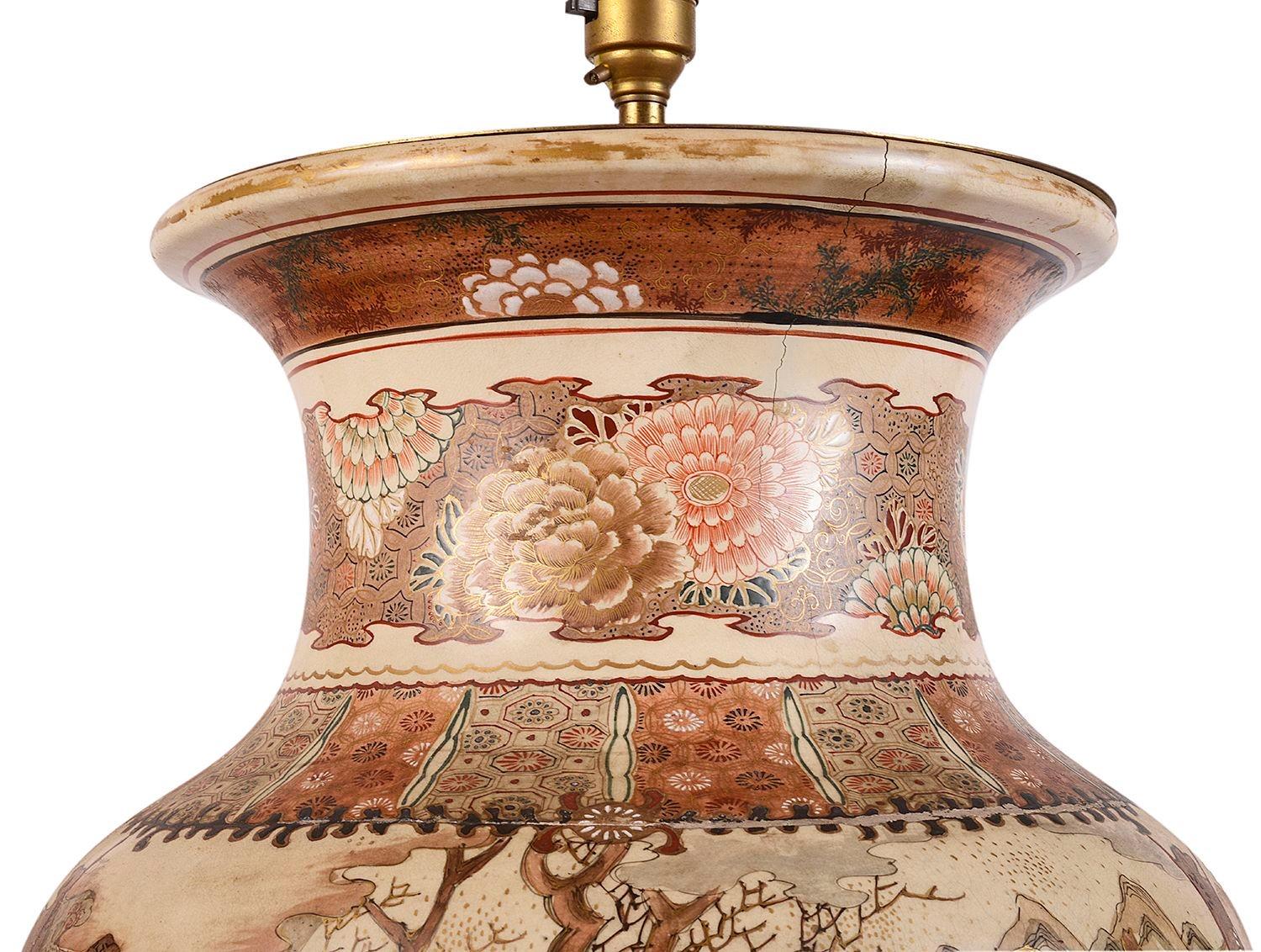Hand-Painted Large 19th Century Japanese Satsuma Vase / Lamp For Sale