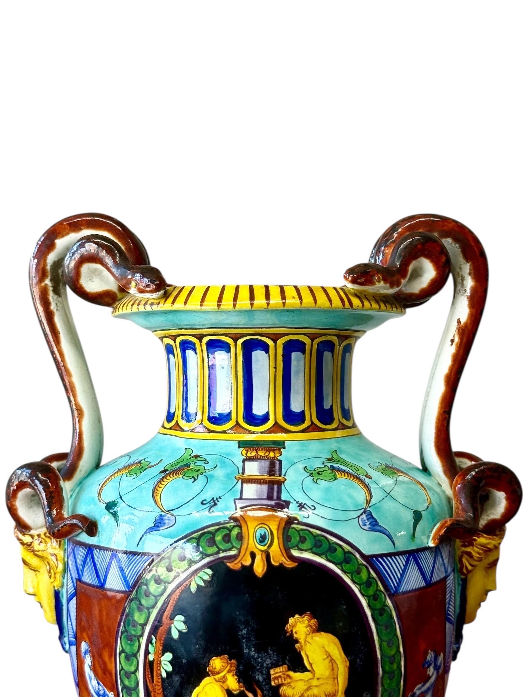 Large 19th Century Jules Vieillard Majolica Vase with Mythological Scenes in vendita 3