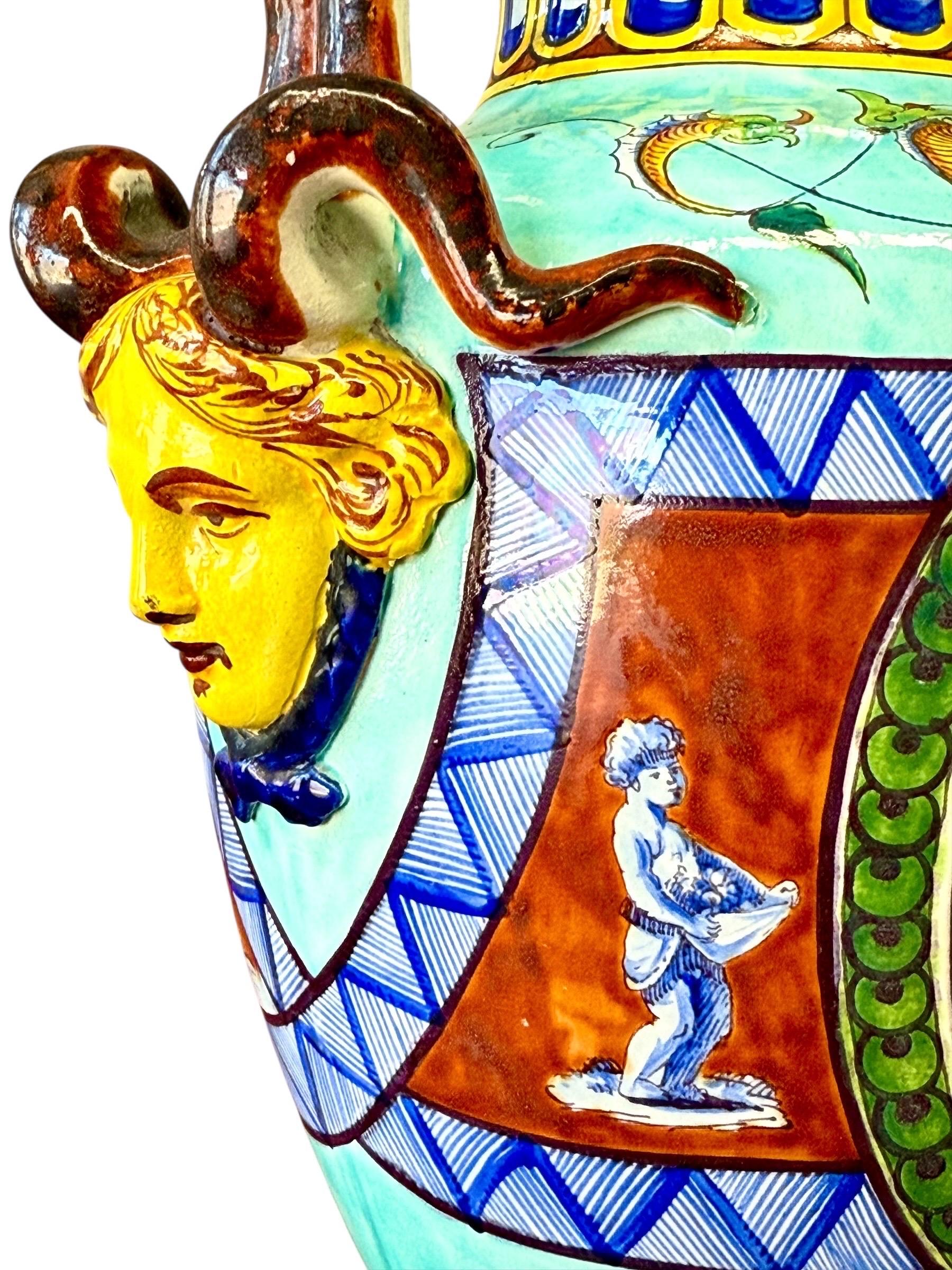 Large 19th Century Jules Vieillard Majolica Vase with Mythological Scenes in vendita 6