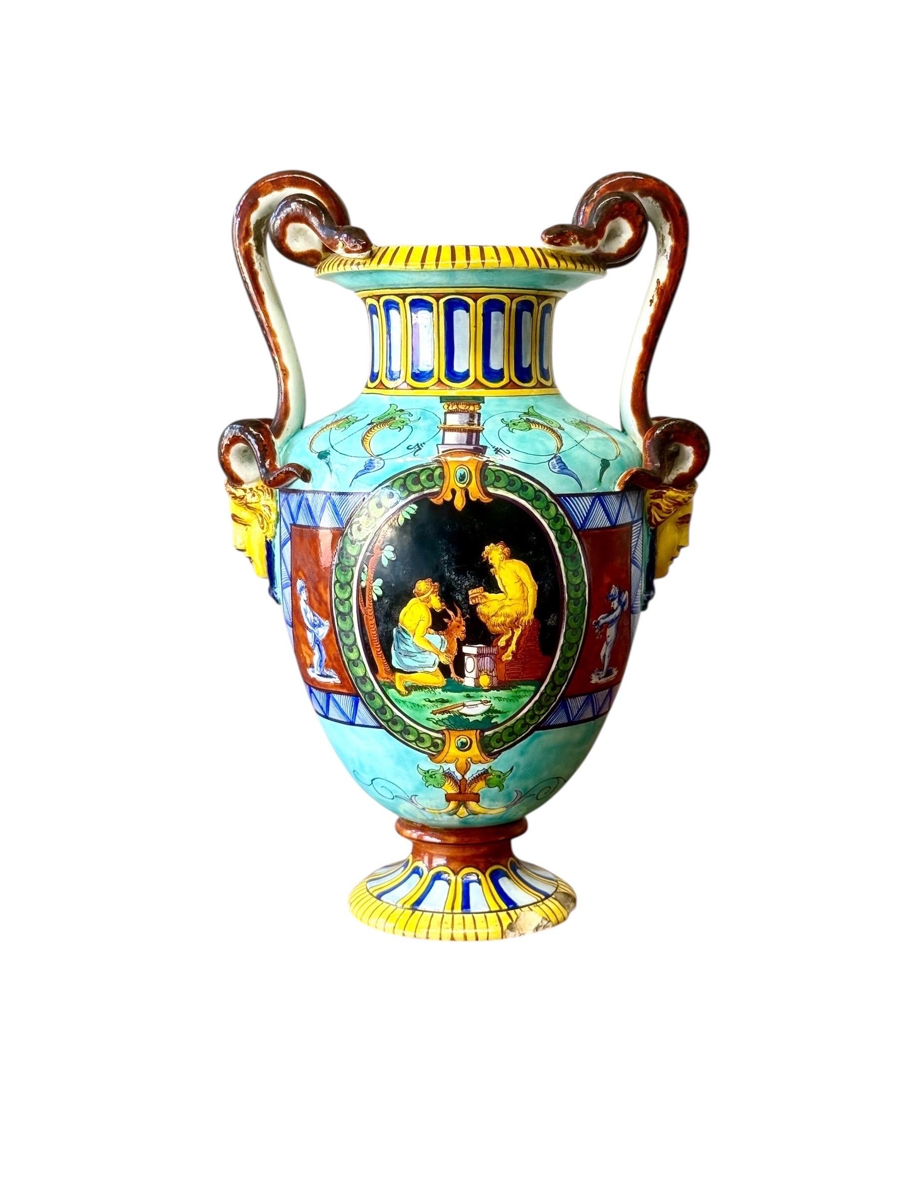 Magnificent large majolica vase attributed to Jules Vieillard & Cie, Bordeaux, circa 1870. This richly decorated urn is a superb example of French Renaissance Revival majolica, featuring an extraordinary polychrome glaze with mythological scenes in