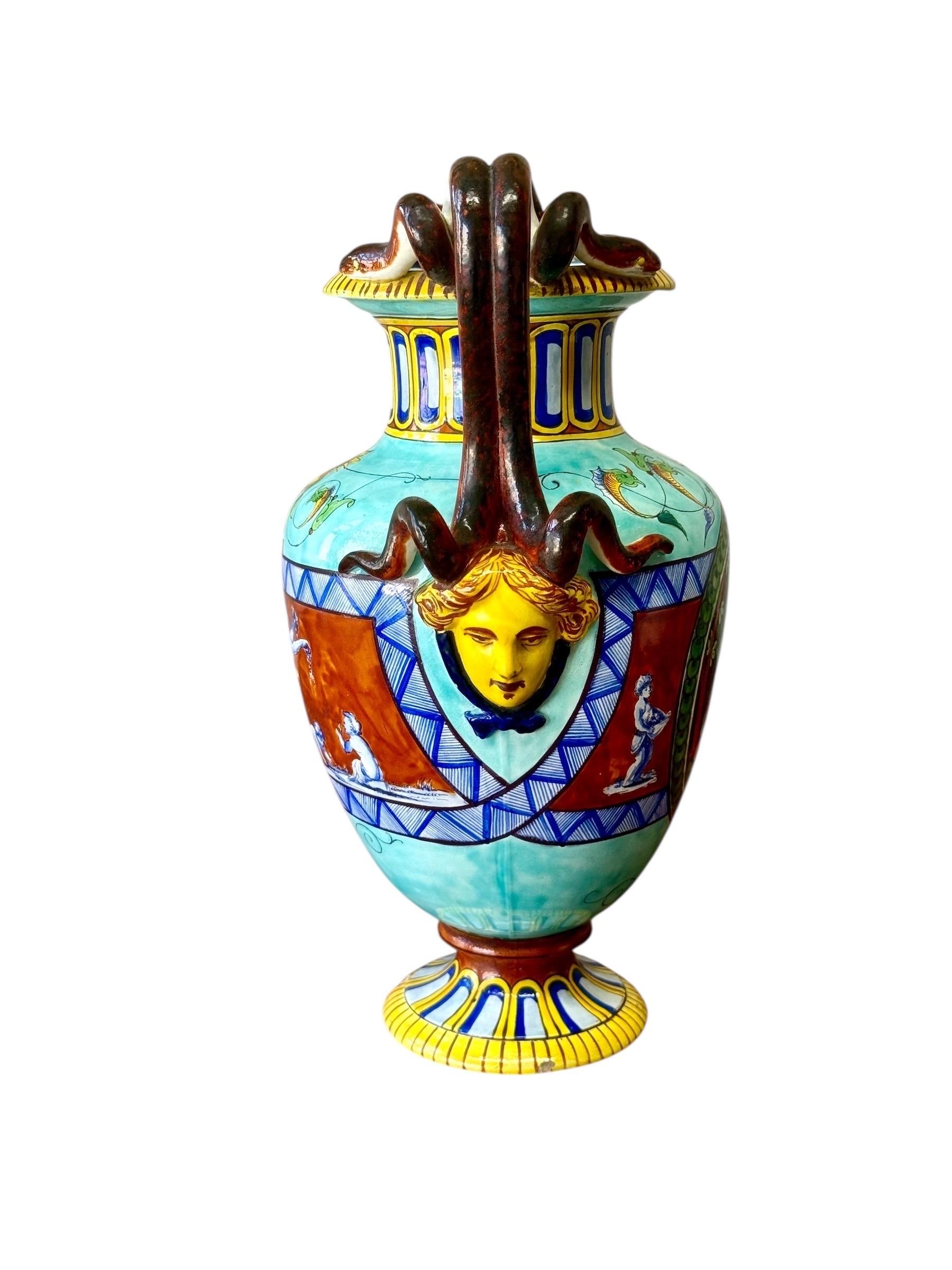Francese Large 19th Century Jules Vieillard Majolica Vase with Mythological Scenes in vendita