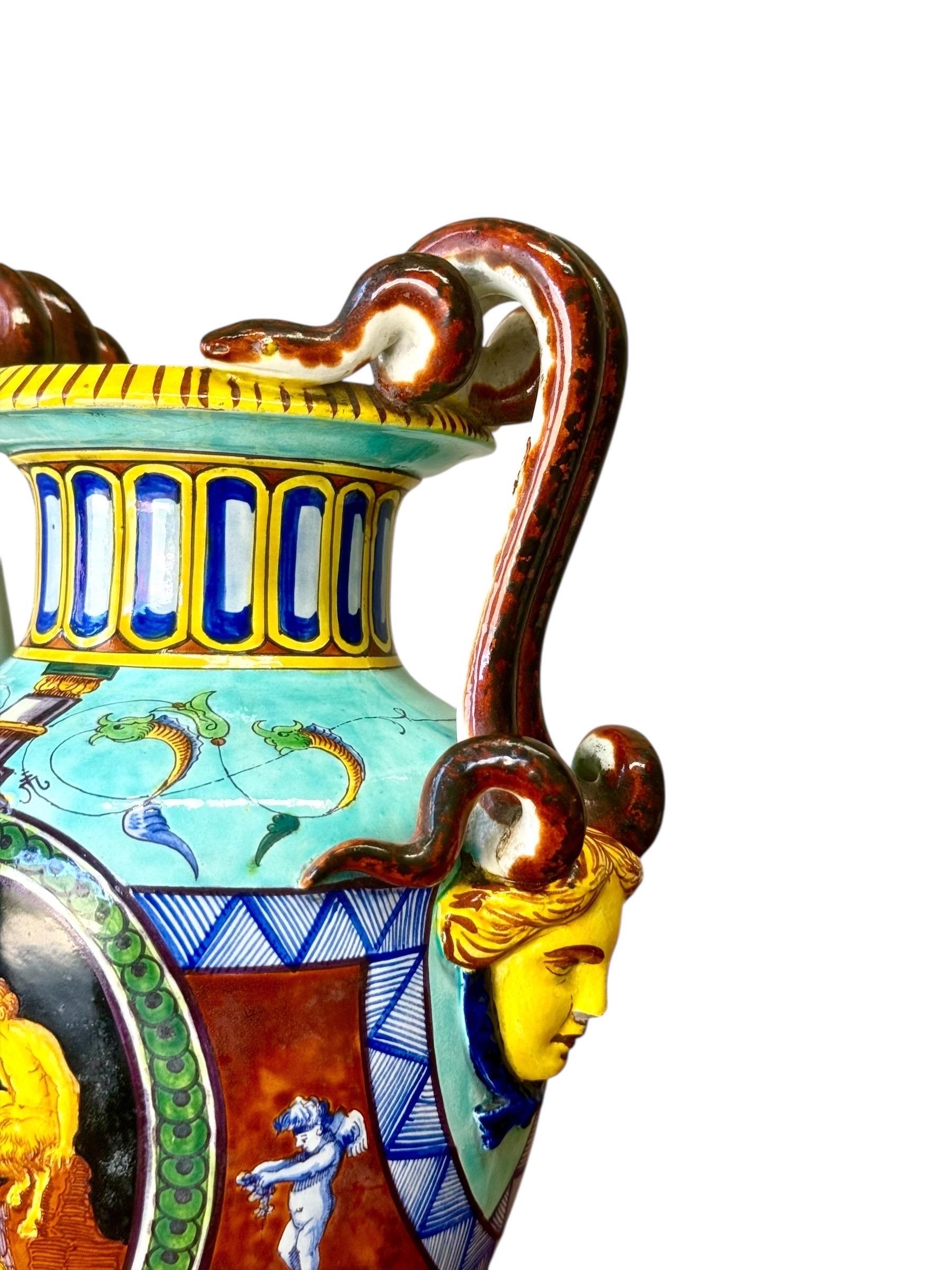 Large 19th Century Jules Vieillard Majolica Vase with Mythological Scenes In condizioni buone in vendita a LA CIOTAT, FR