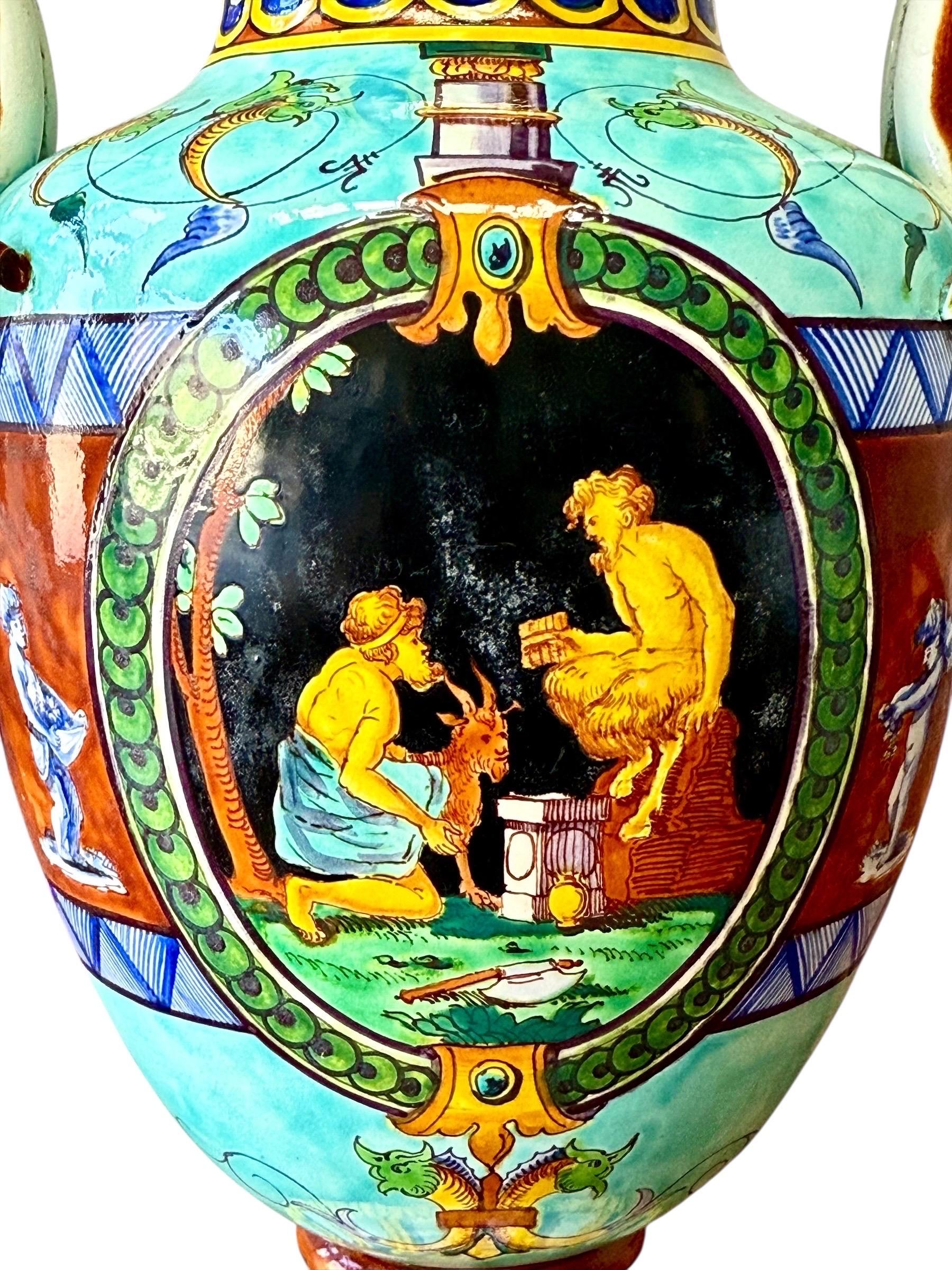XIX secolo Large 19th Century Jules Vieillard Majolica Vase with Mythological Scenes in vendita