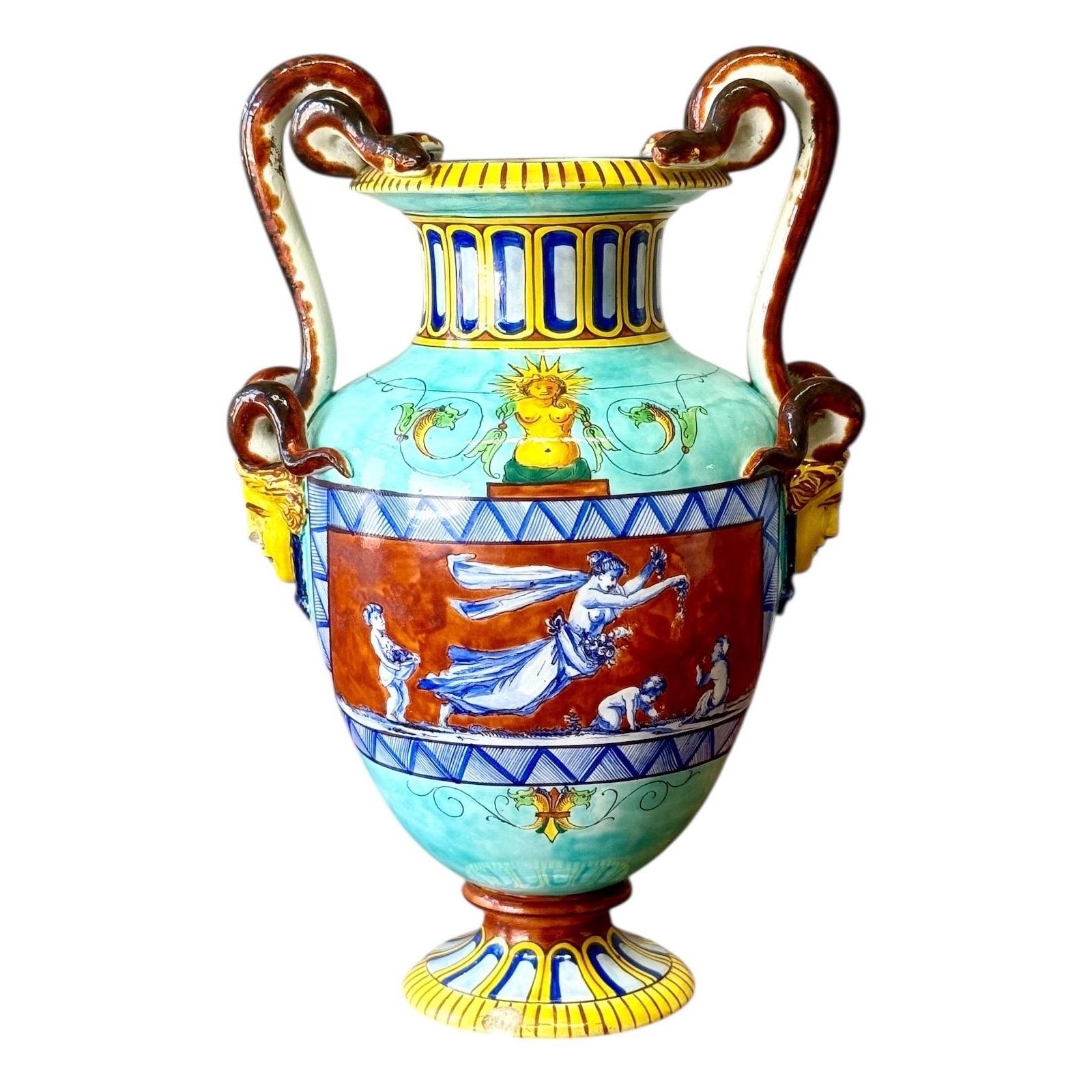 Large 19th Century Jules Vieillard Majolica Vase with Mythological Scenes in vendita