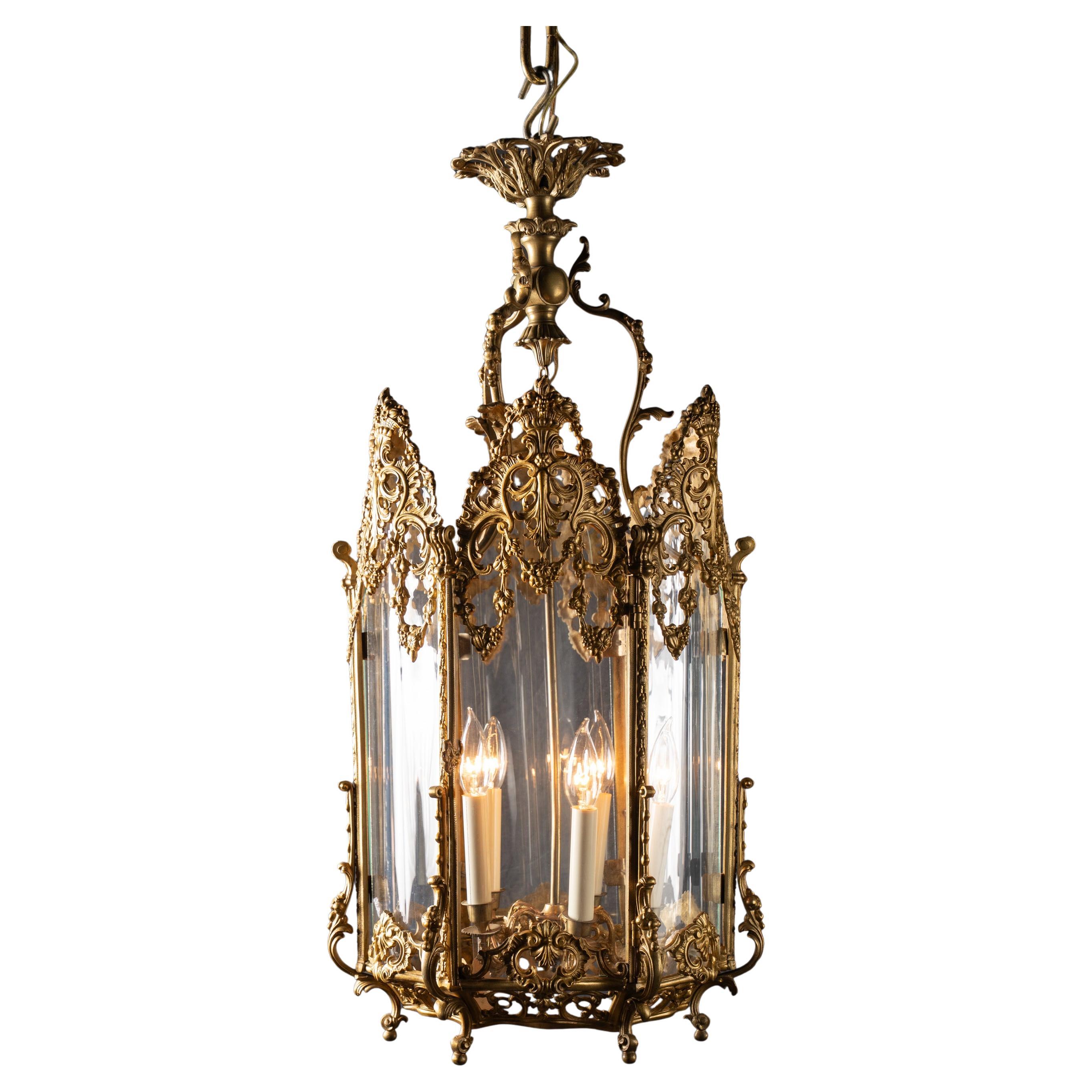 Large 19th Century Louis XV Reticulated Bronze Lantern with Curved Glass For Sale