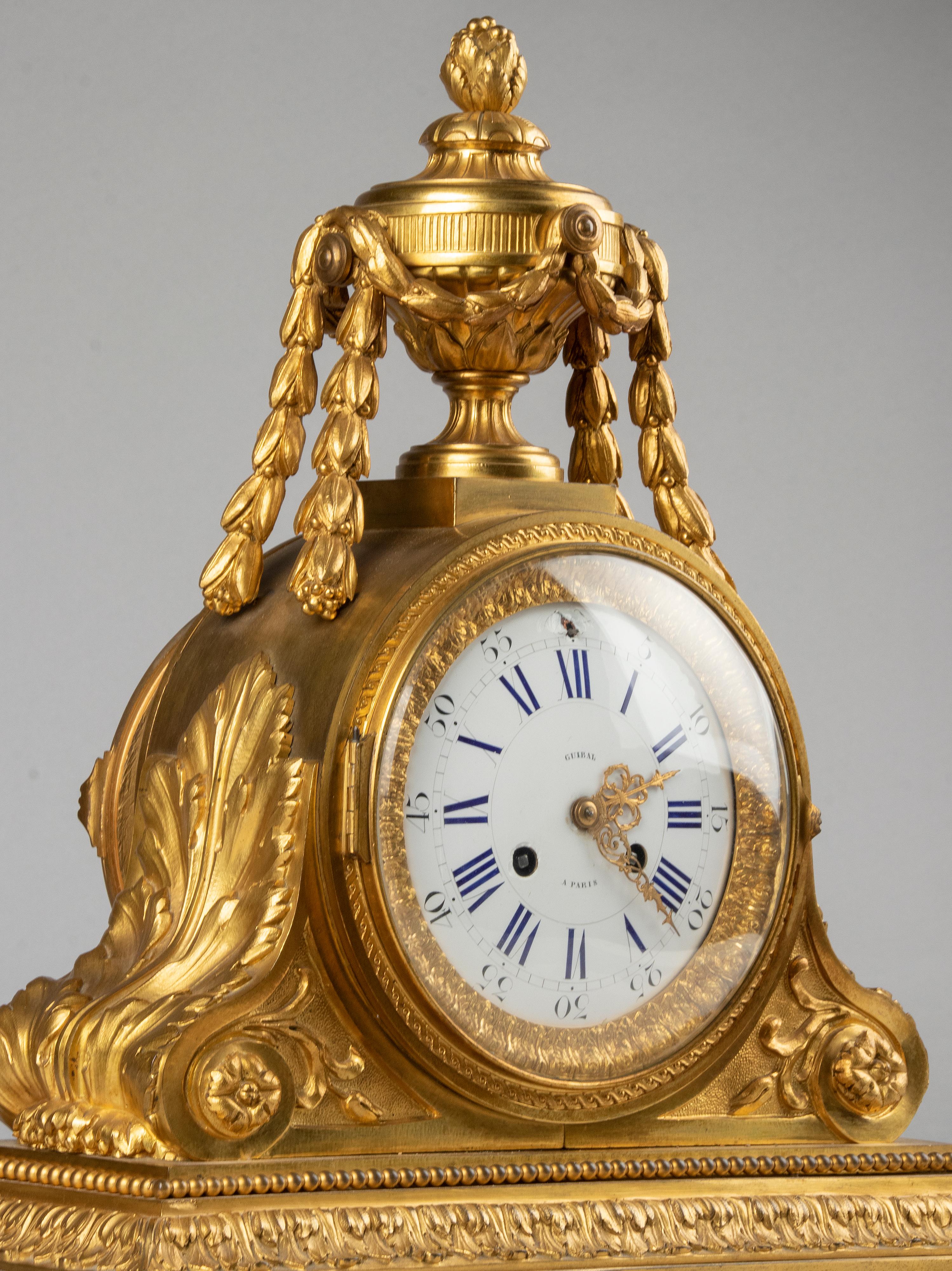 Grande horloge de cheminée de style Louis XVI du 19ème siècle en bronze et bronze doré Guibal Paris en vente 7