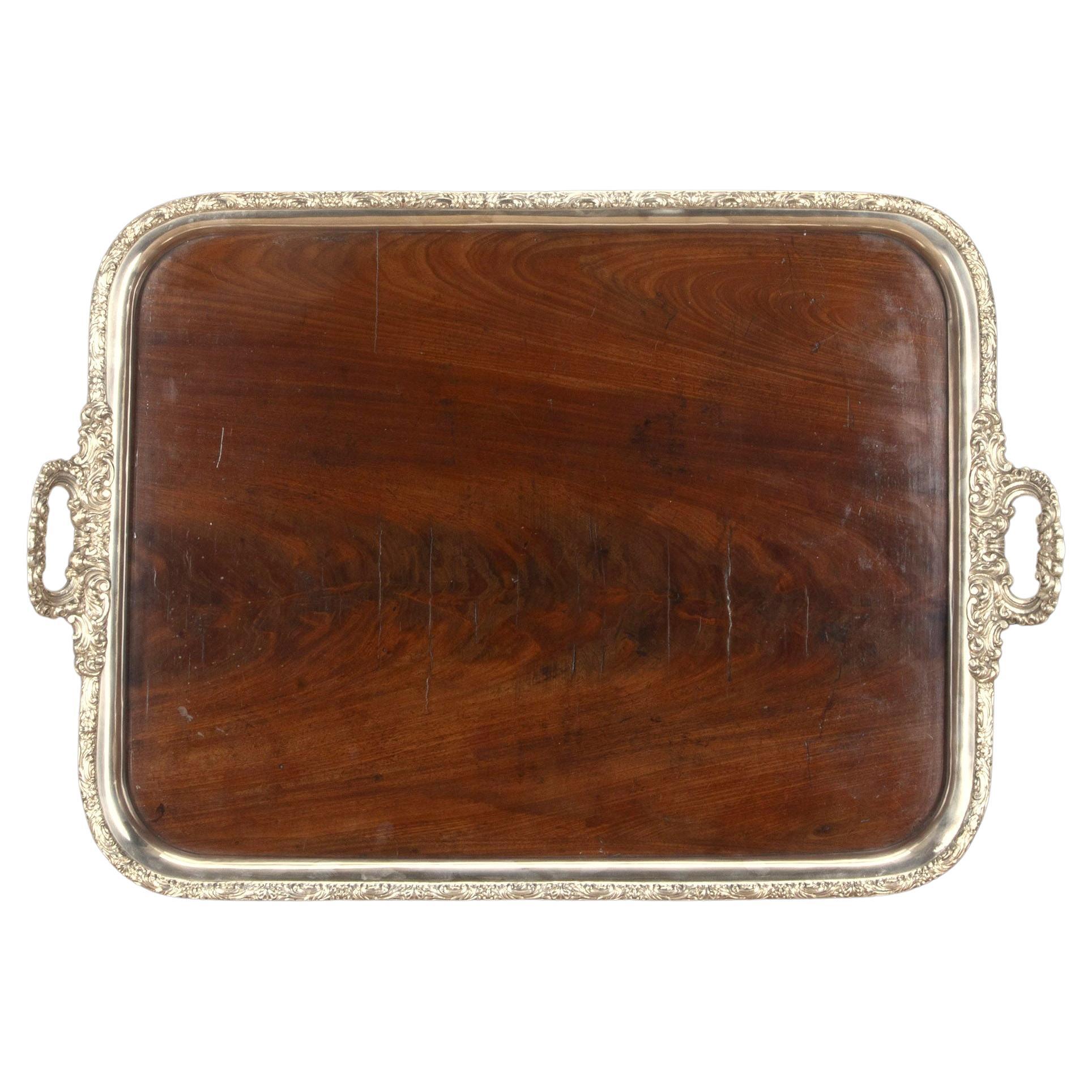 Large 19th Century Mahogany and Silver Butler
s Tray