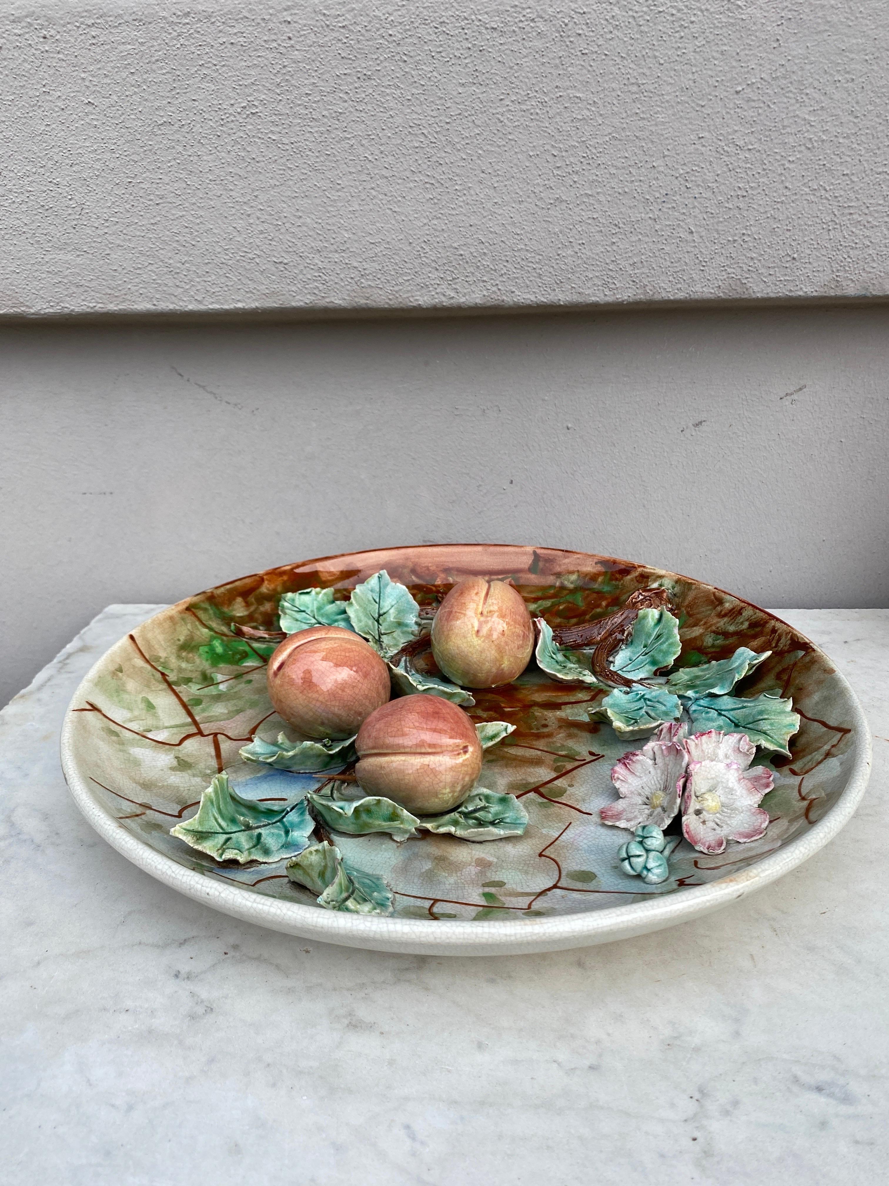 French Large 19th Century Majolica Apricots Wall Platter Fives Lille For Sale