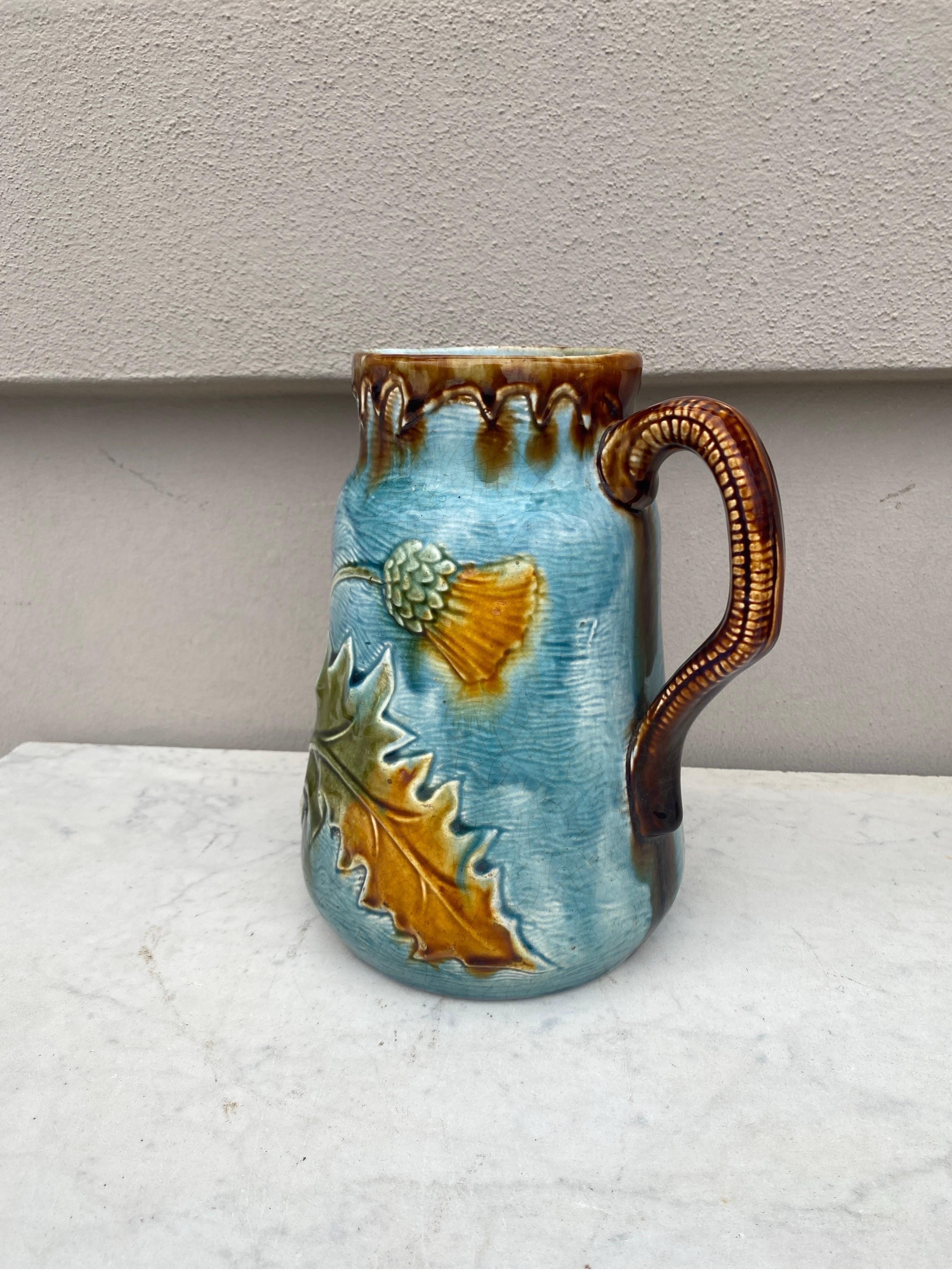Large 19th Century Majolica Artichoke Pitcher Wasmuel In Good Condition For Sale In Austin, TX