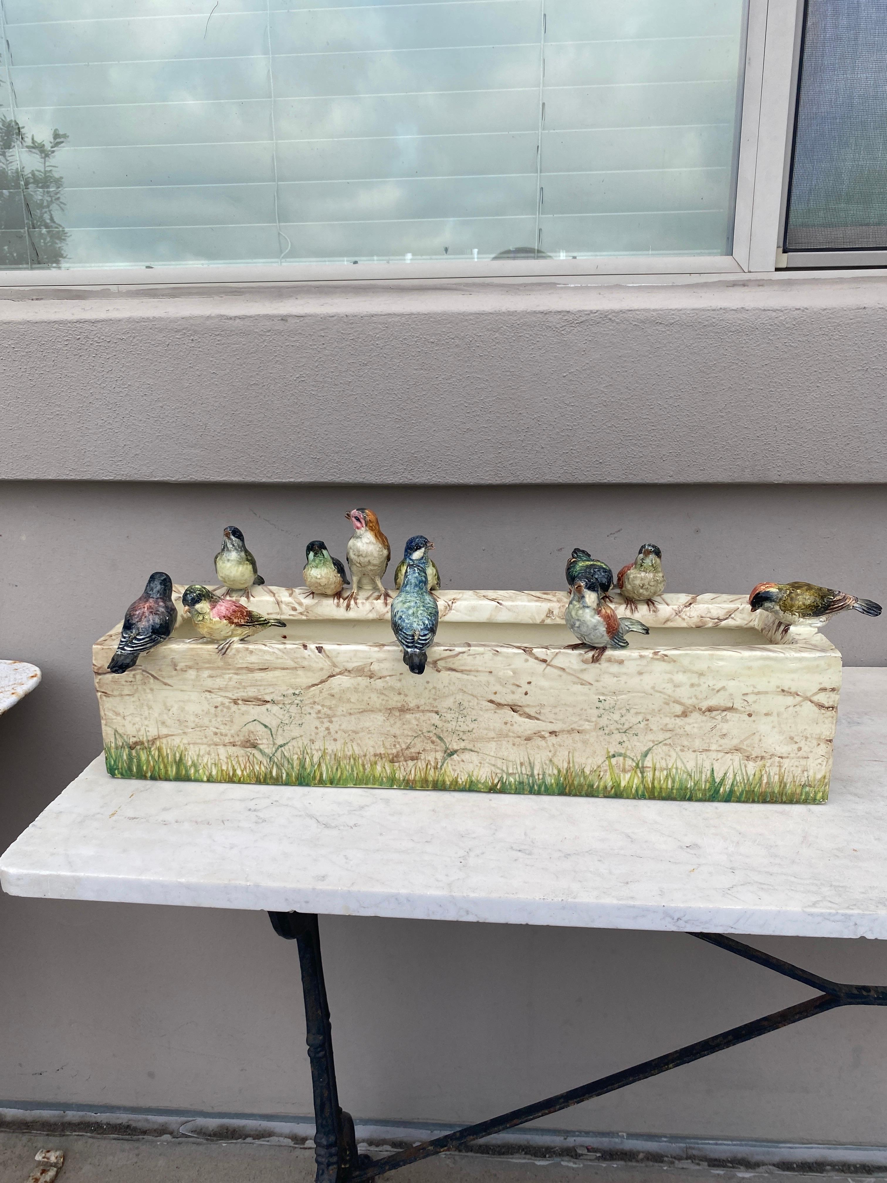 Ceramic Large 19th Century Majolica Birds Jardinière Delphin Massier