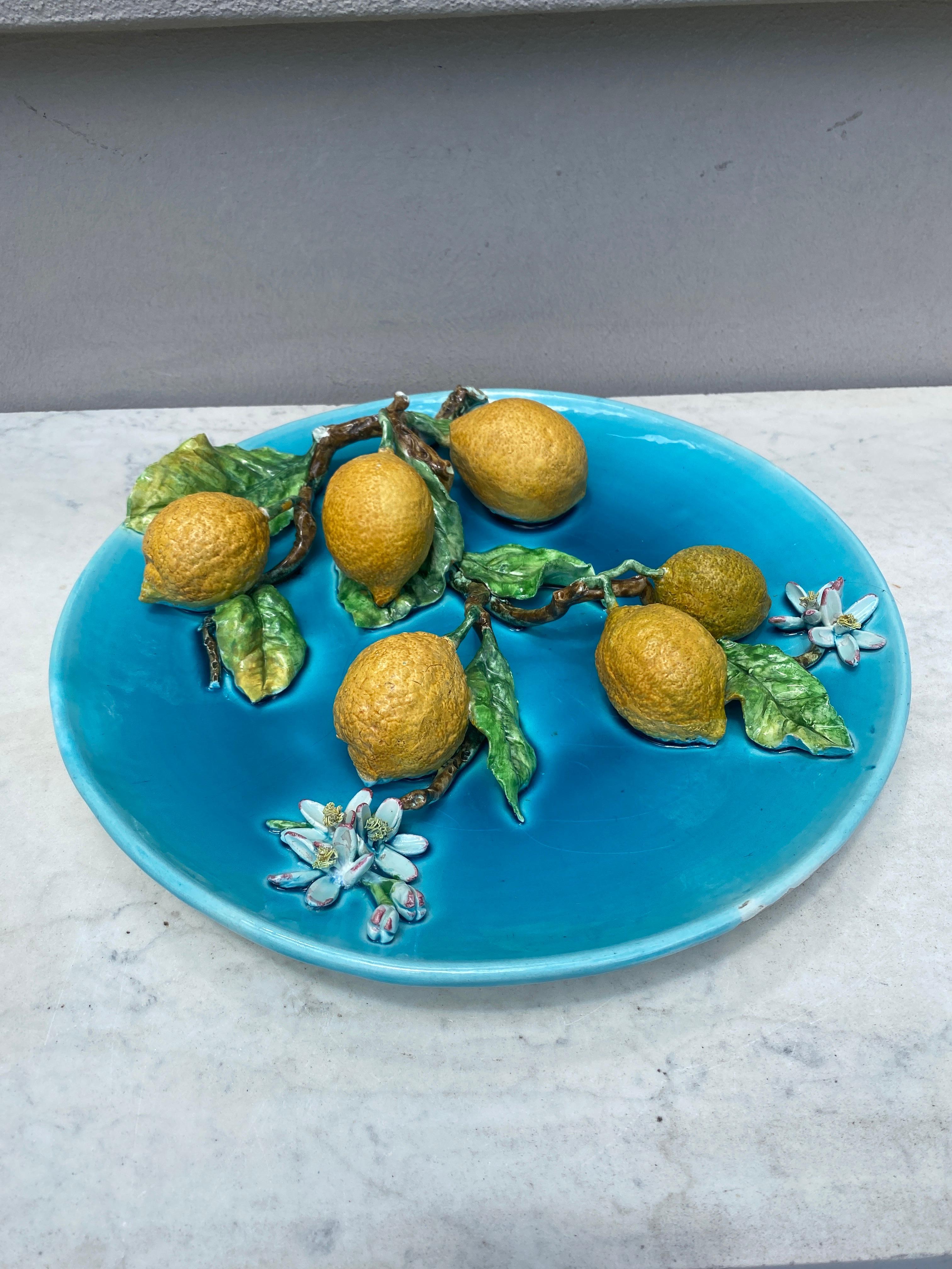 Large 19th Century Majolica Lemons Wall Platter from the South of France.
Diameter / 13.3 inches.
 
