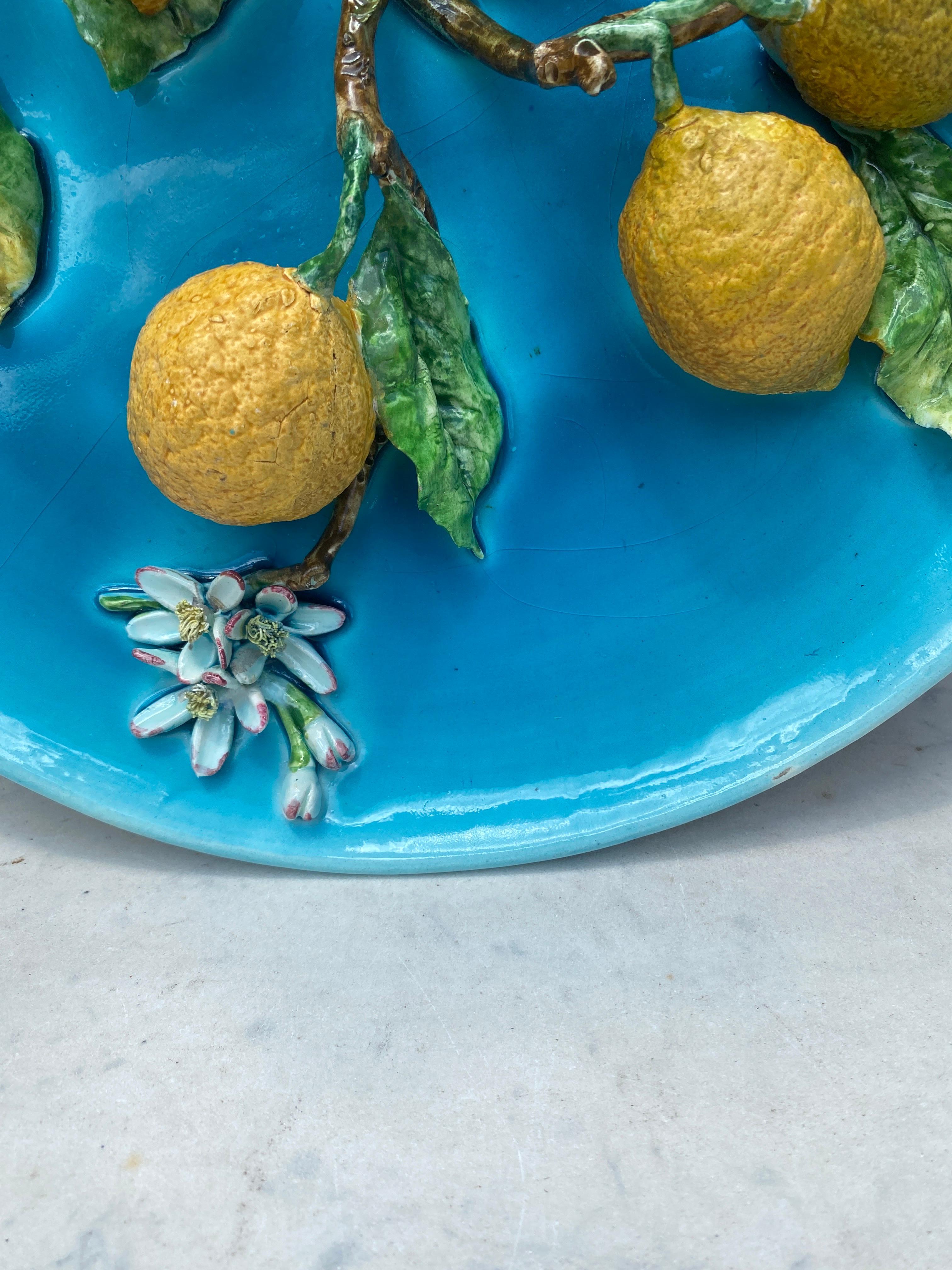 Rustic Large 19th Century Majolica Lemons Wall Platter For Sale