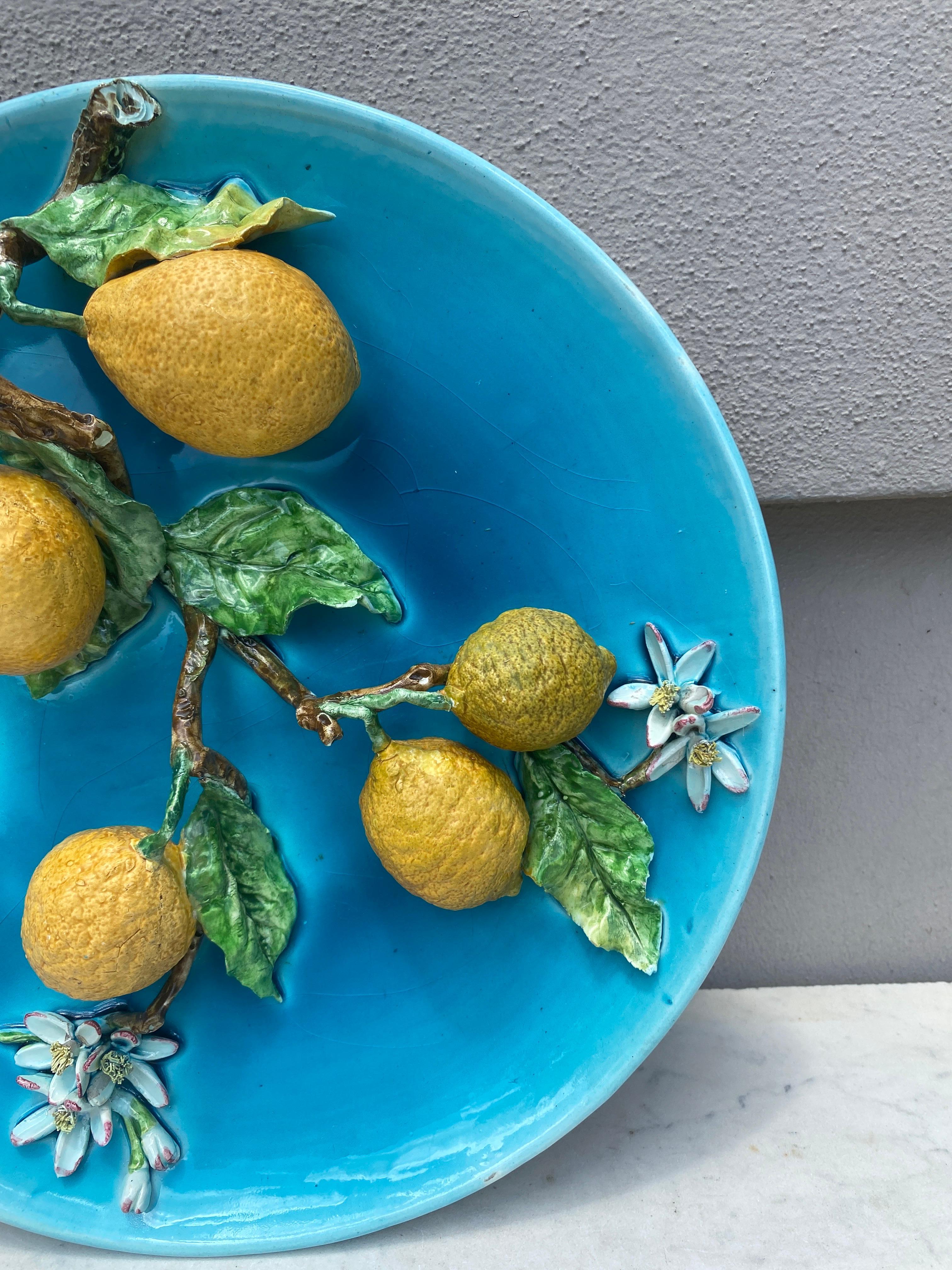 Finnish Large 19th Century Majolica Lemons Wall Platter For Sale