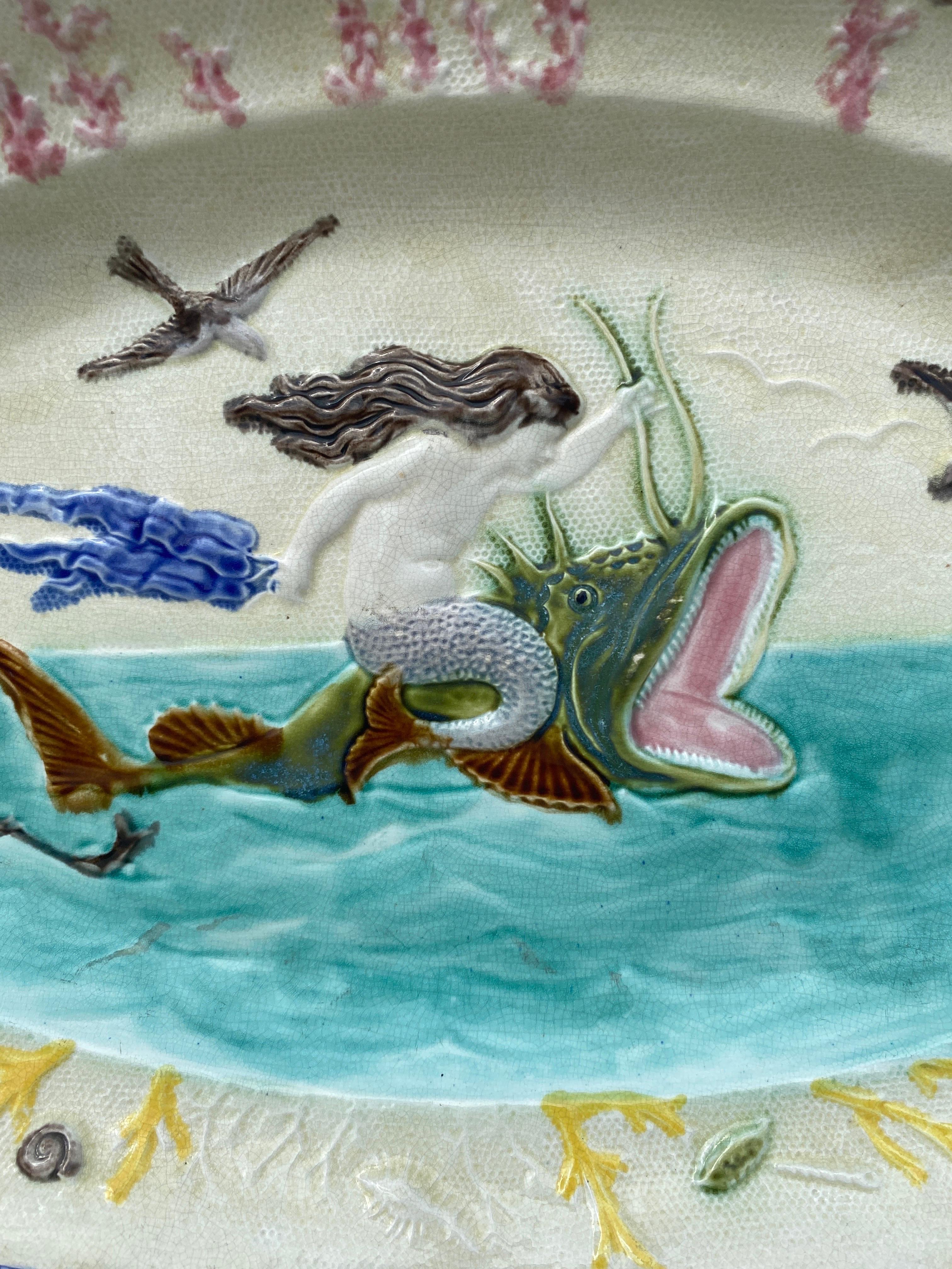 Large 19th Century Majolica Mermaid Wall Platter Nimy Les Mons In Fair Condition In Austin, TX