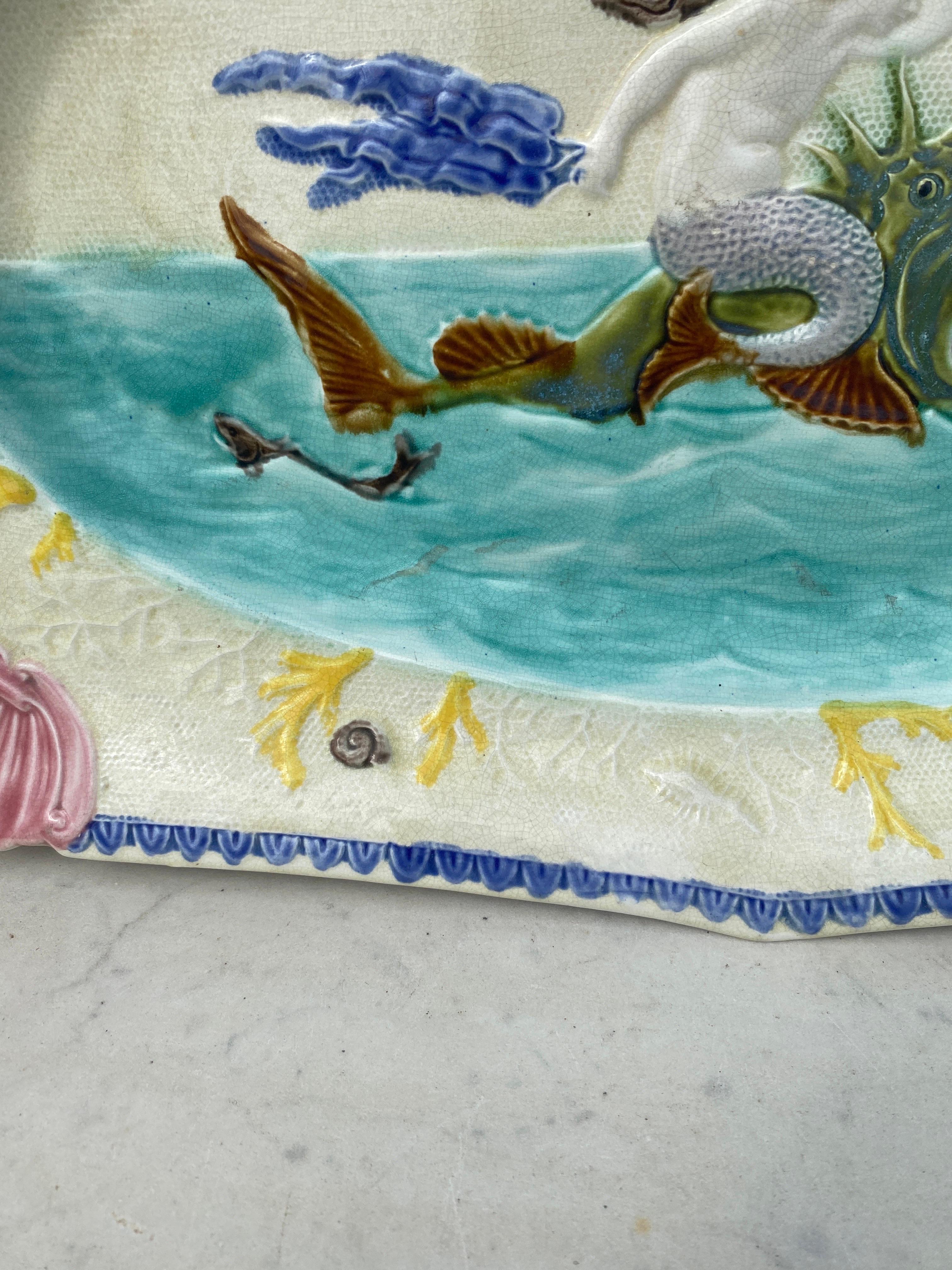Late 19th Century Large 19th Century Majolica Mermaid Wall Platter Nimy Les Mons
