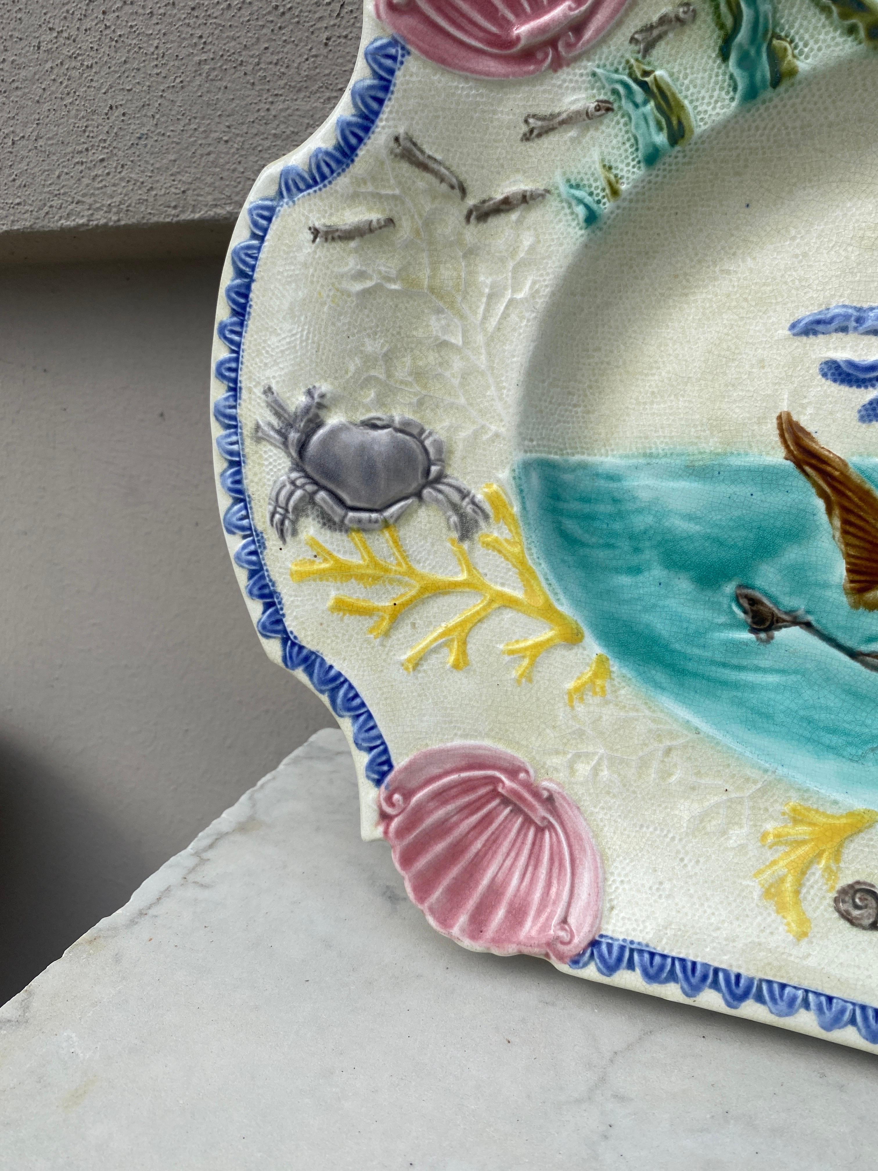 Ceramic Large 19th Century Majolica Mermaid Wall Platter Nimy Les Mons