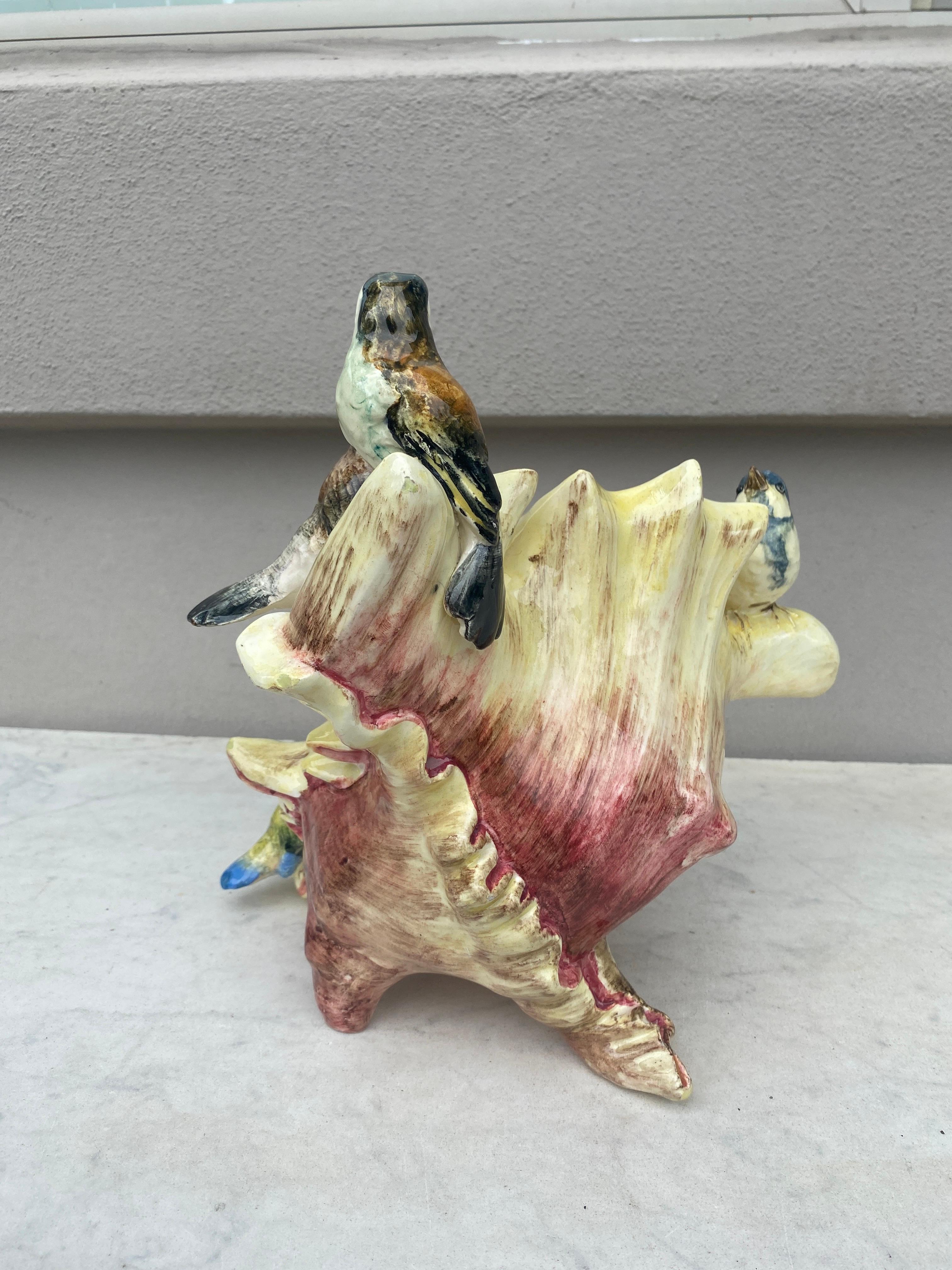 Large 19th Century Majolica Shell with Birds Delphin Massier In Good Condition In Austin, TX