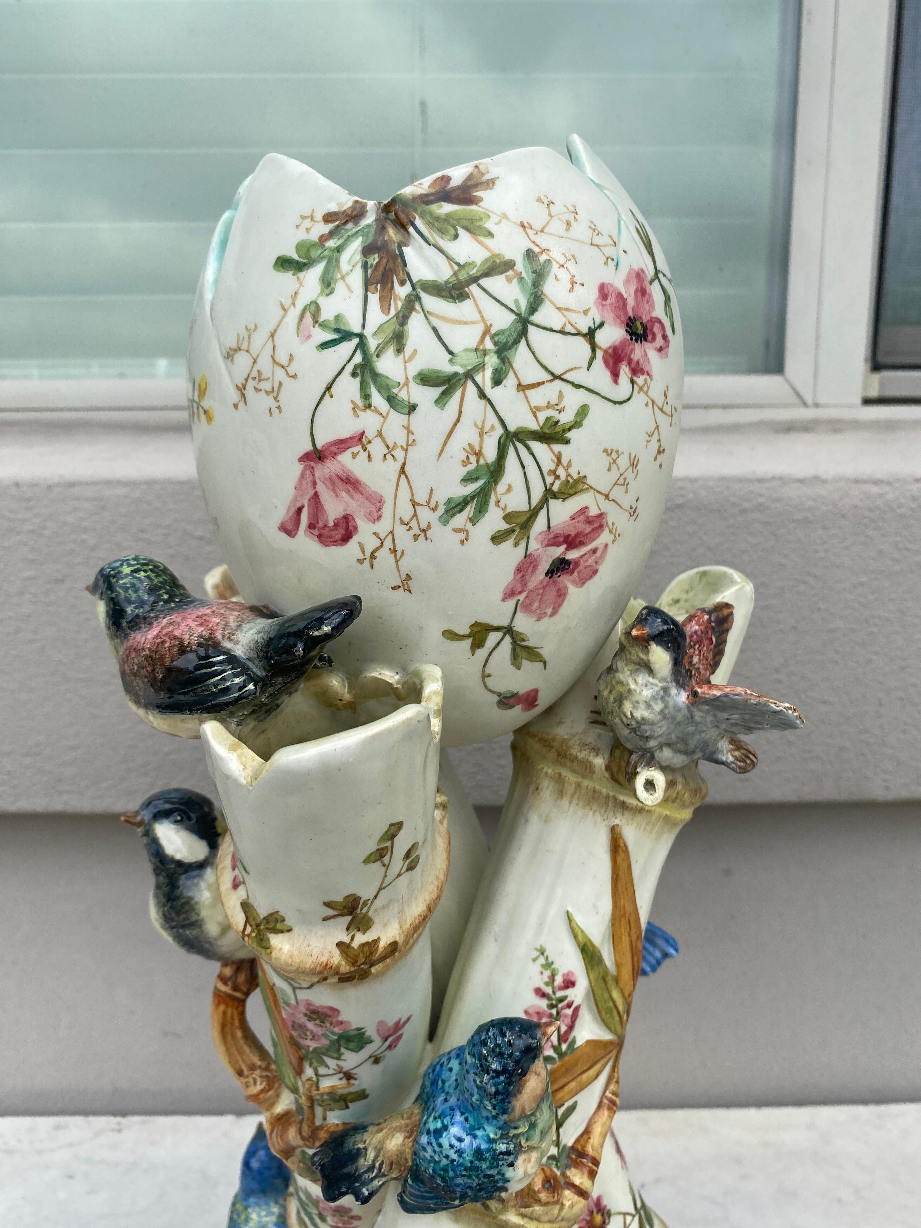 Large 19th Century Majolica Vase with Birds Delphin Massier In Good Condition For Sale In Austin, TX