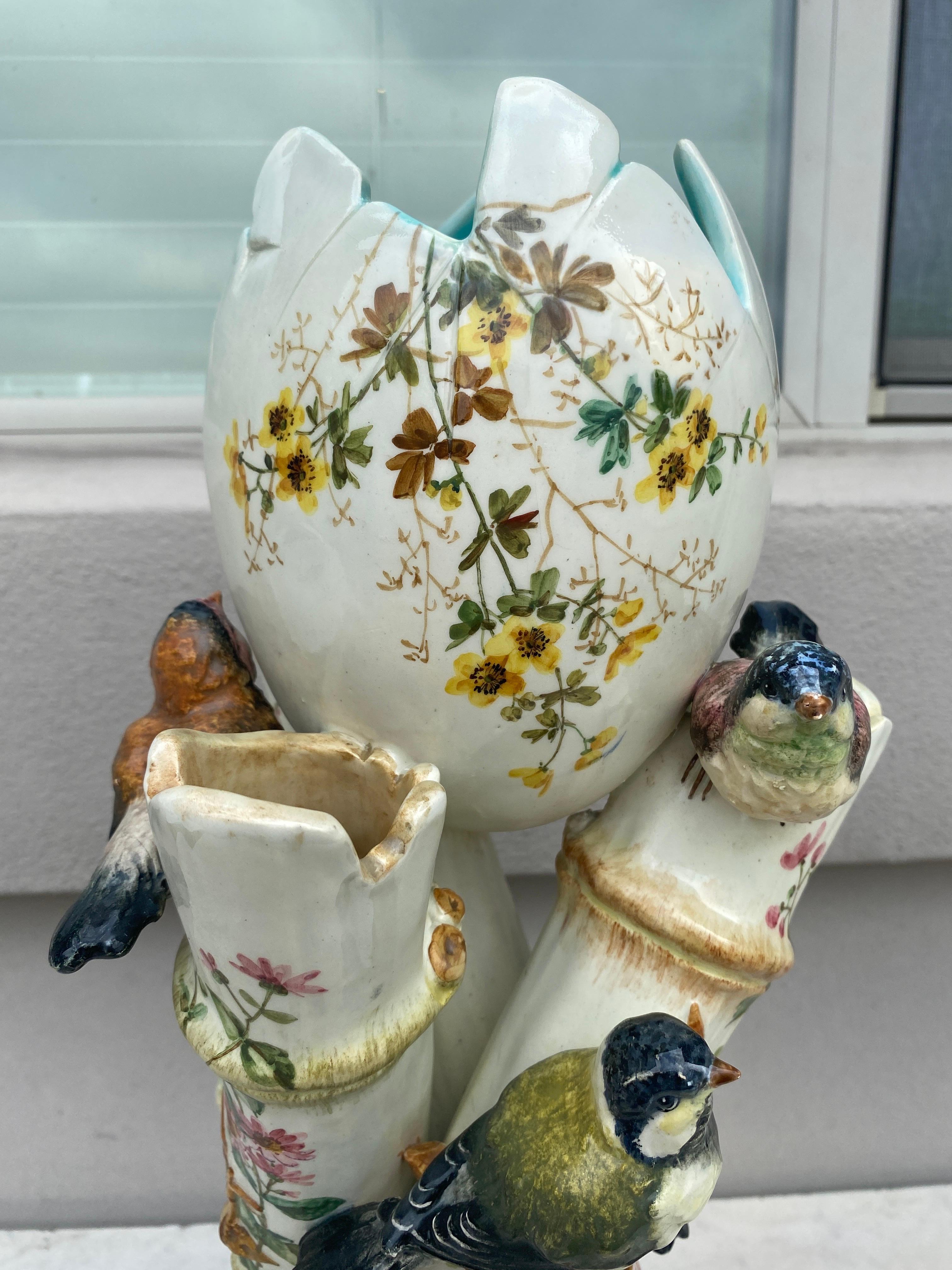 Large 19th Century Majolica Vase with Birds Delphin Massier For Sale 1
