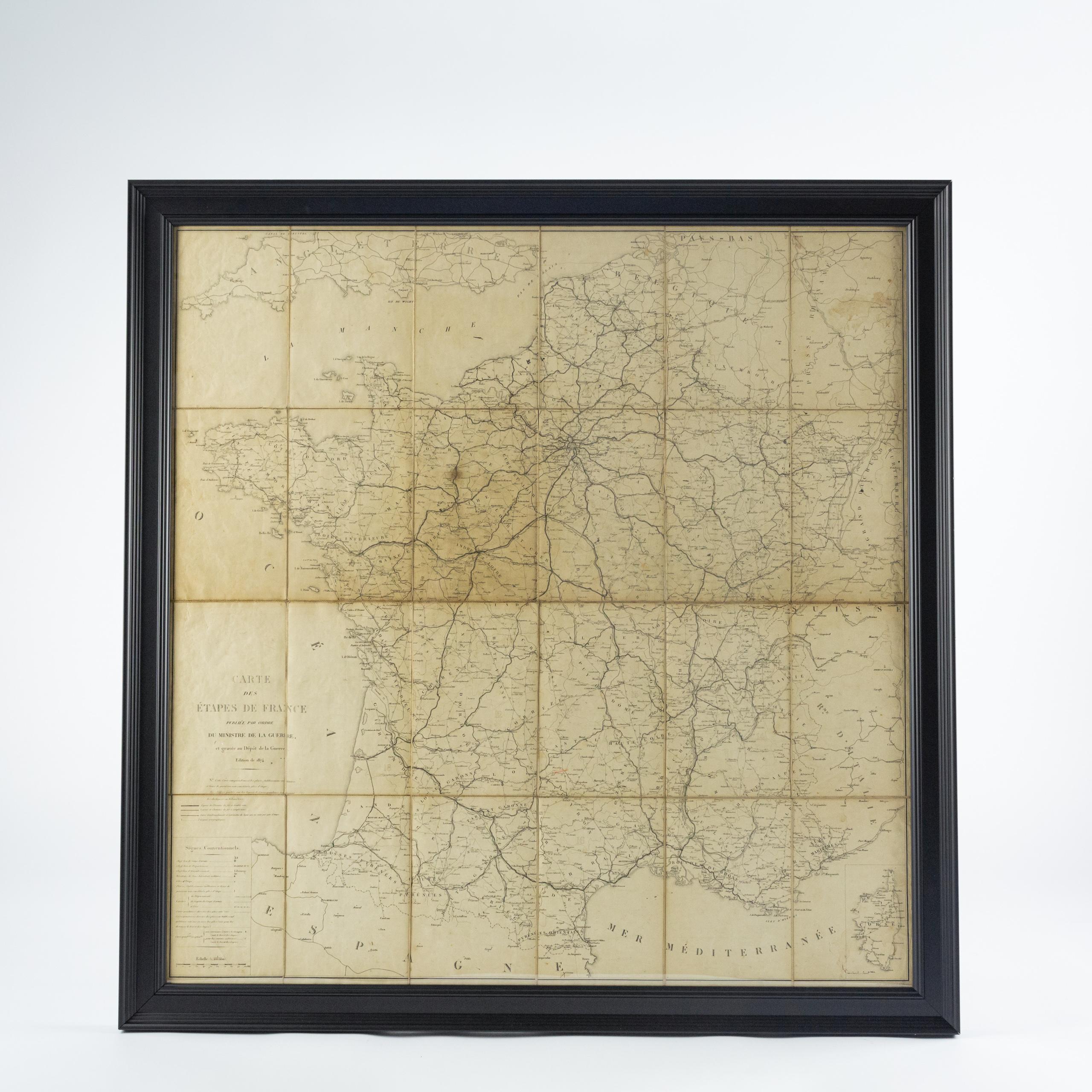 Grande carte de France du 19e siècle.

Remarquable état de conservation, avec une patine d'usage agréable.

Récemment encadré.

France Circa 1874.